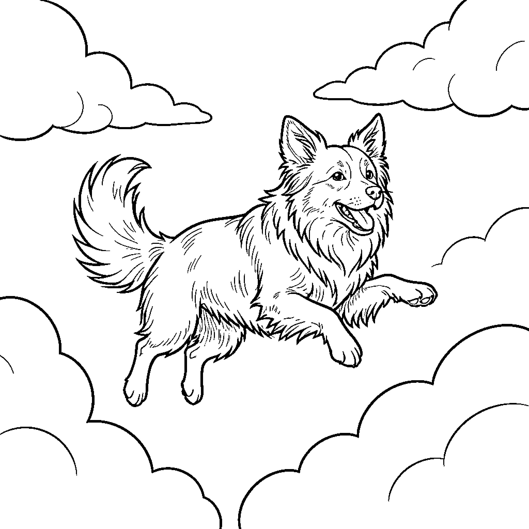 Border Collie running playfully through the clouds Coloring Page (free black-and-white line drawing printable PDF for all, from beginners to advanced learners, including children, teens, adults, and seniors)
