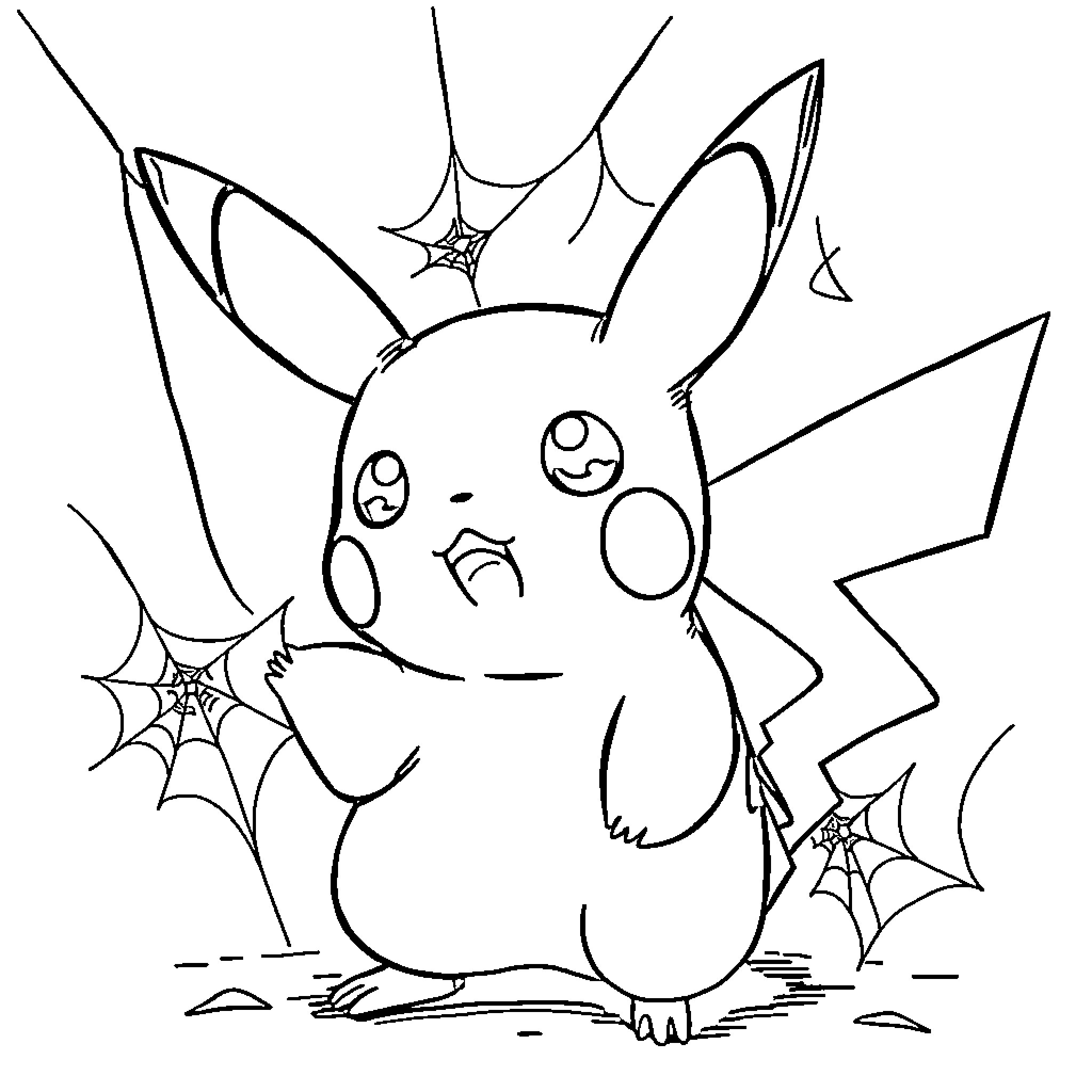 Pikachu in a spidery environment Coloring Page (free black-and-white line drawing printable PDF for all, from beginners to advanced learners, including children, teens, adults, and seniors)