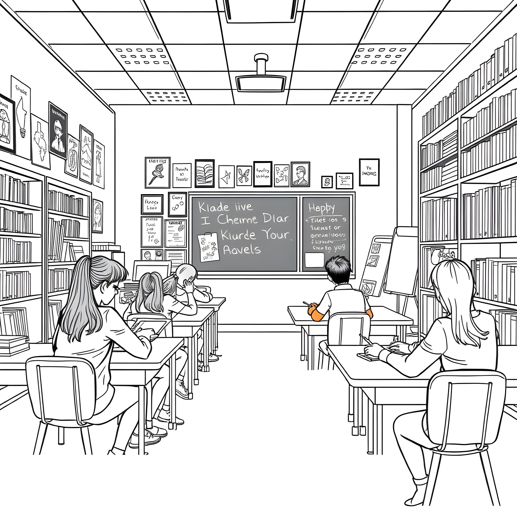Class in Session with Students and Teacher Coloring Page (free black-and-white line drawing printable PDF for all, from beginners to advanced learners, including children, teens, adults, and seniors)