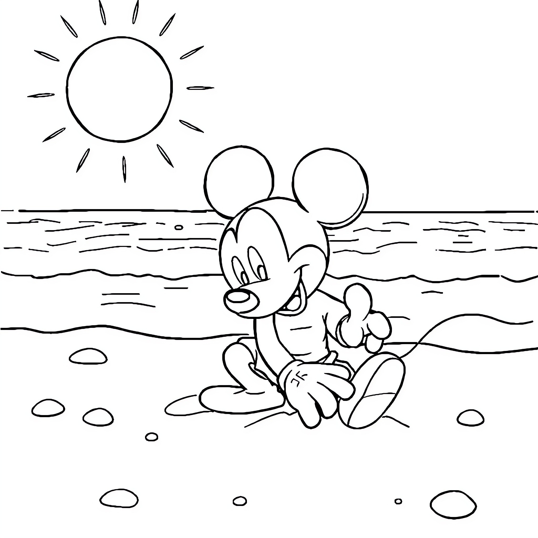 Mickey Mouse enjoying the sunny beach Coloring Page (free black-and-white line drawing printable PDF for all, from beginners to advanced learners, including children, teens, adults, and seniors)