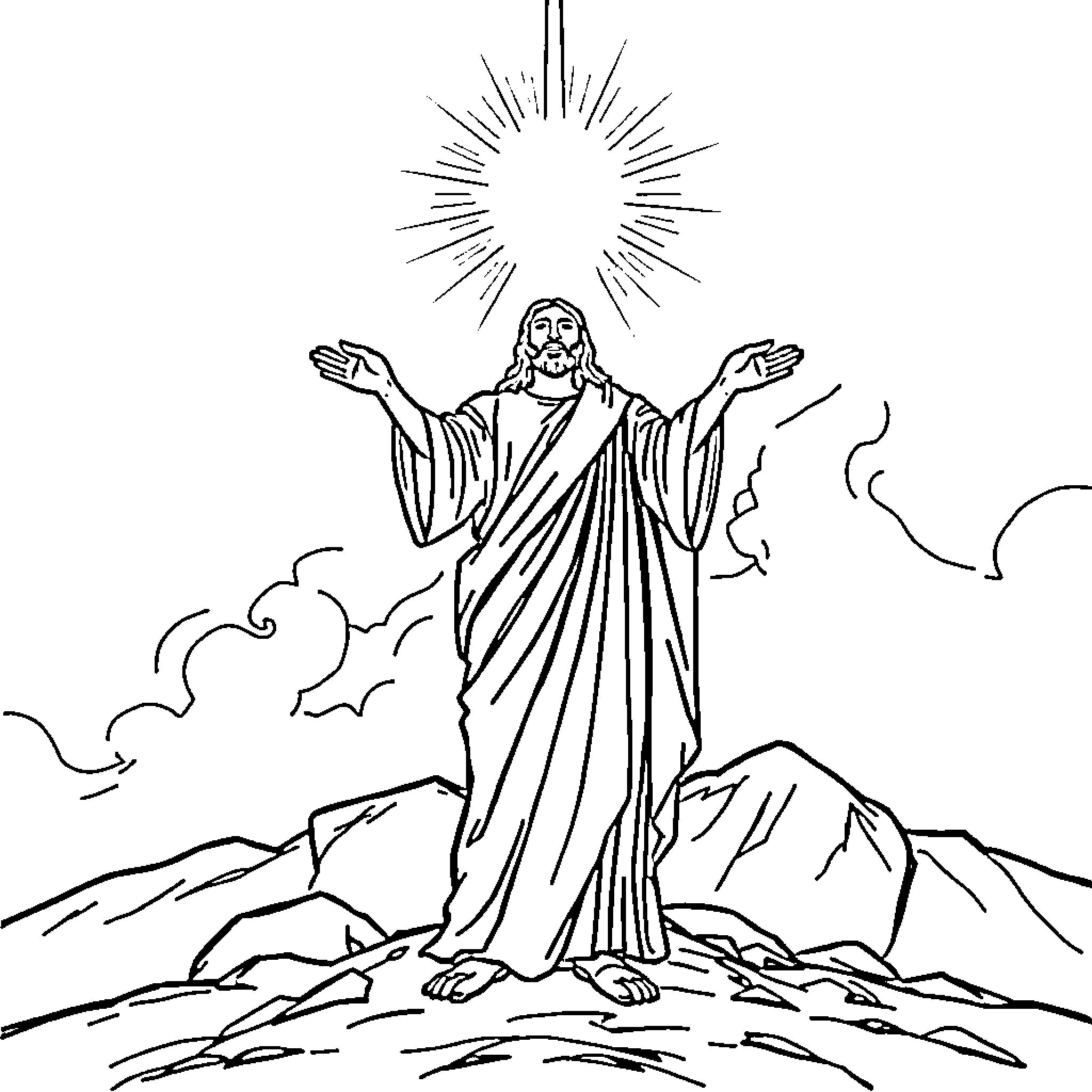 Jesus Ascending with Outstretched Arms and Radiant Halo Coloring Page (free black-and-white line drawing printable PDF for all, from beginners to advanced learners, including children, teens, adults, and seniors)