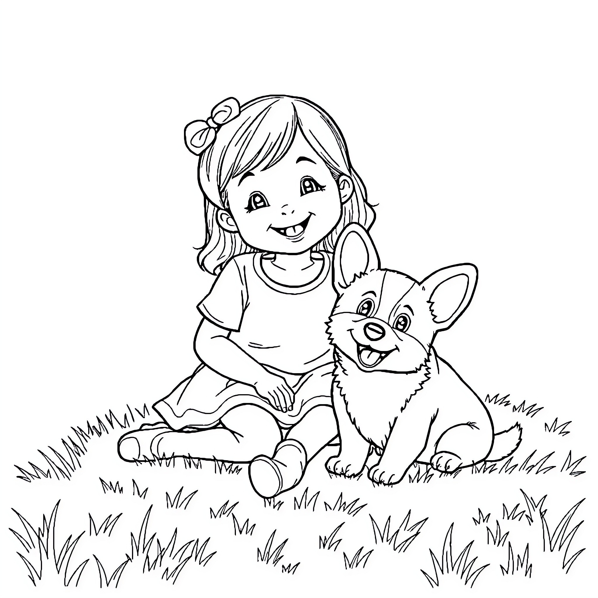 Girl playing joyfully with her puppy in the grass Coloring Page (free black-and-white line drawing printable PDF for all, from beginners to advanced learners, including children, teens, adults, and seniors)