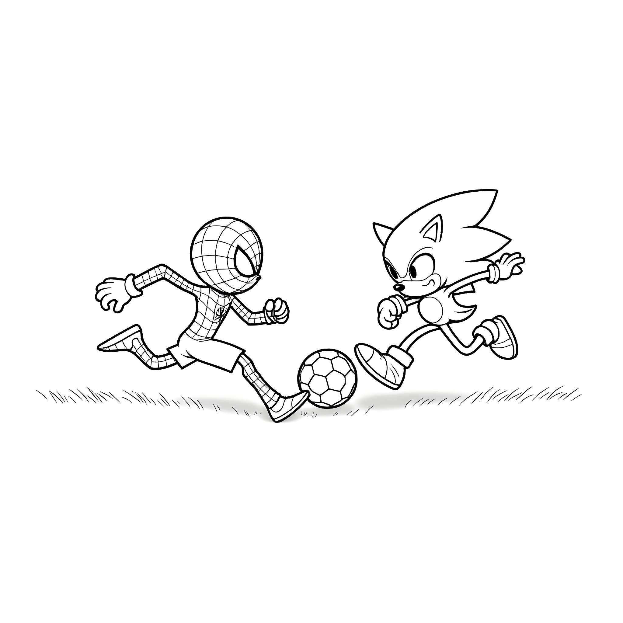 Spiderman playing soccer with Sonic the Hedgehog Coloring Page (free black-and-white line drawing printable PDF for all, from beginners to advanced learners, including children, teens, adults, and seniors)