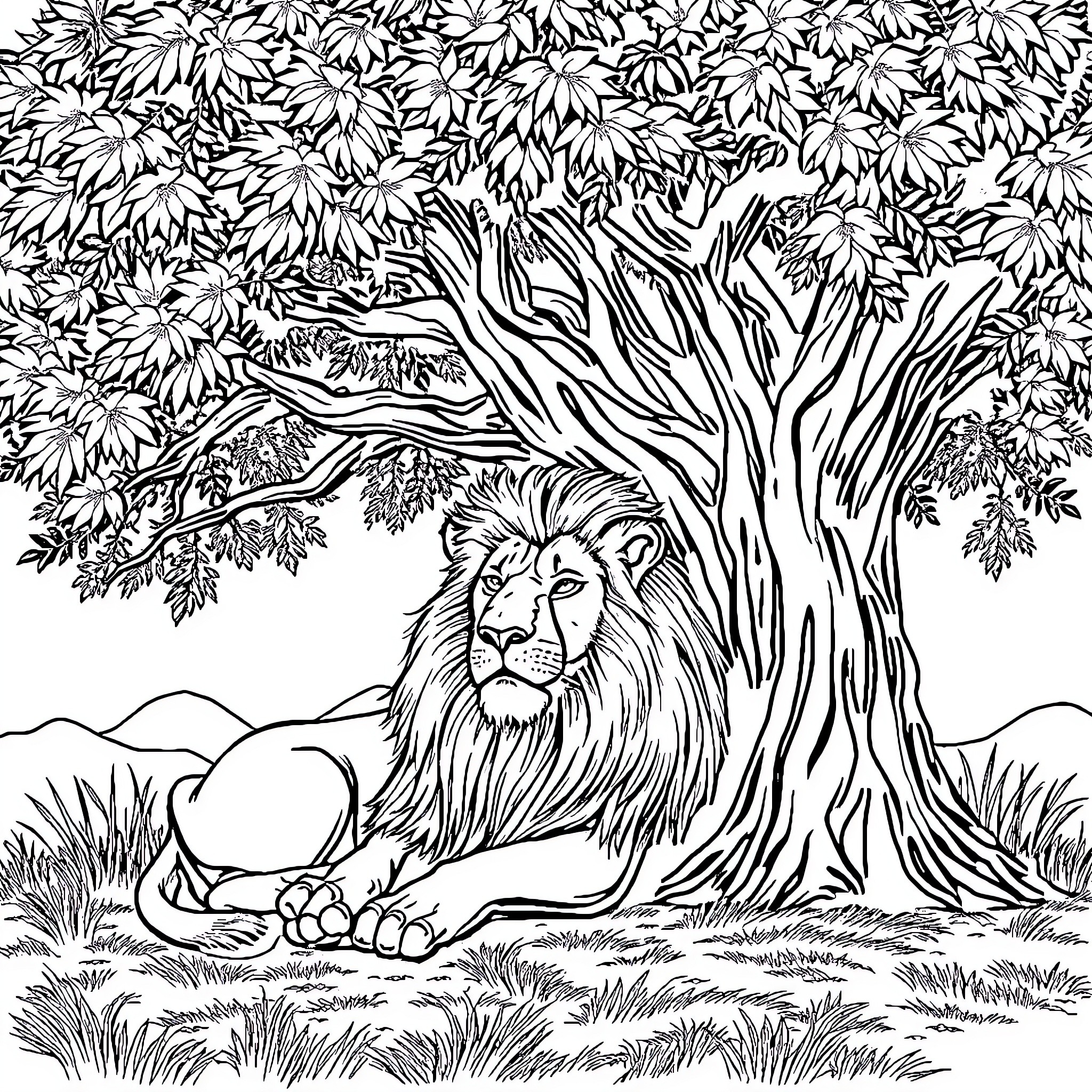 Lion resting under the shade of a lush tree Coloring Page (free black-and-white line drawing printable PDF for all, from beginners to advanced learners, including children, teens, adults, and seniors)