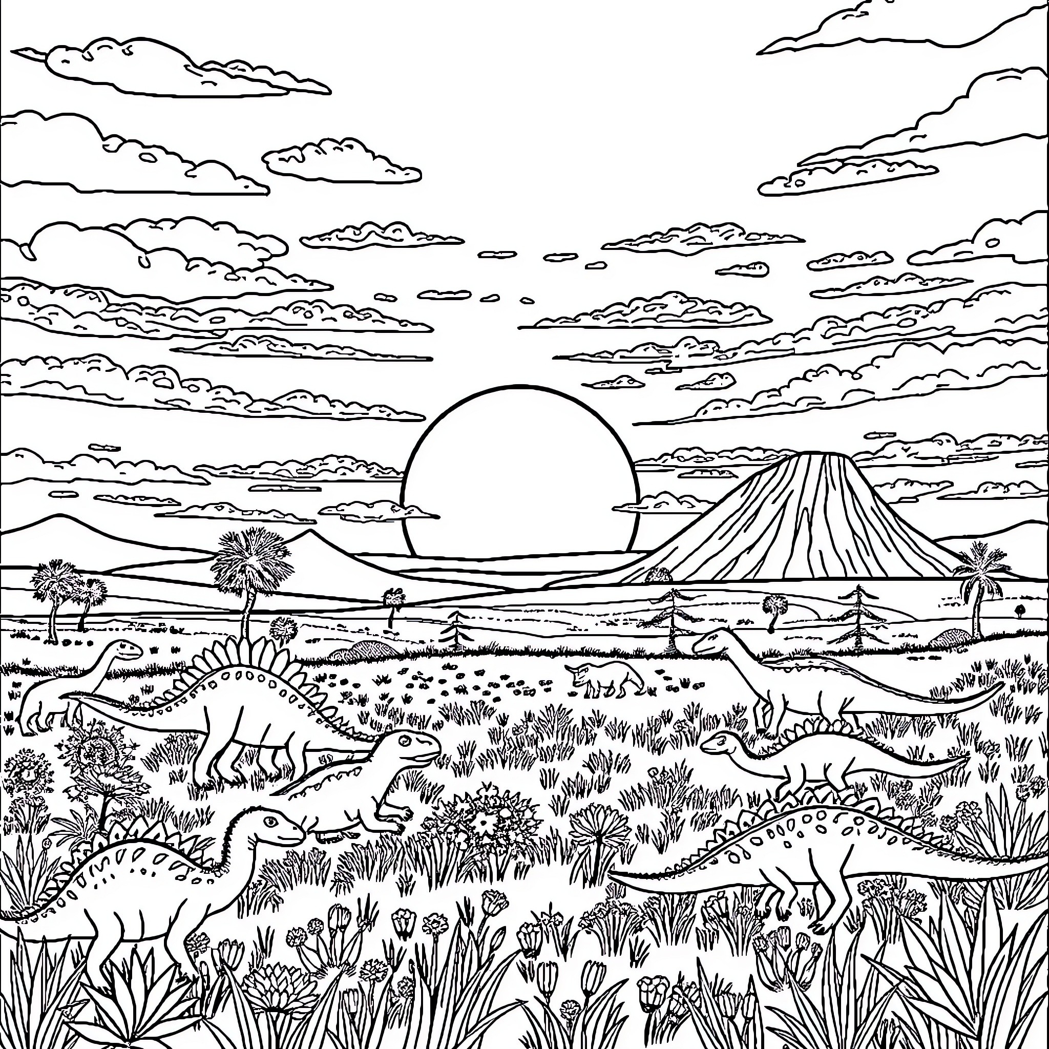 Dinosaurs roaming the prehistoric landscape Coloring Page (free black-and-white line drawing printable PDF for all, from beginners to advanced learners, including children, teens, adults, and seniors)