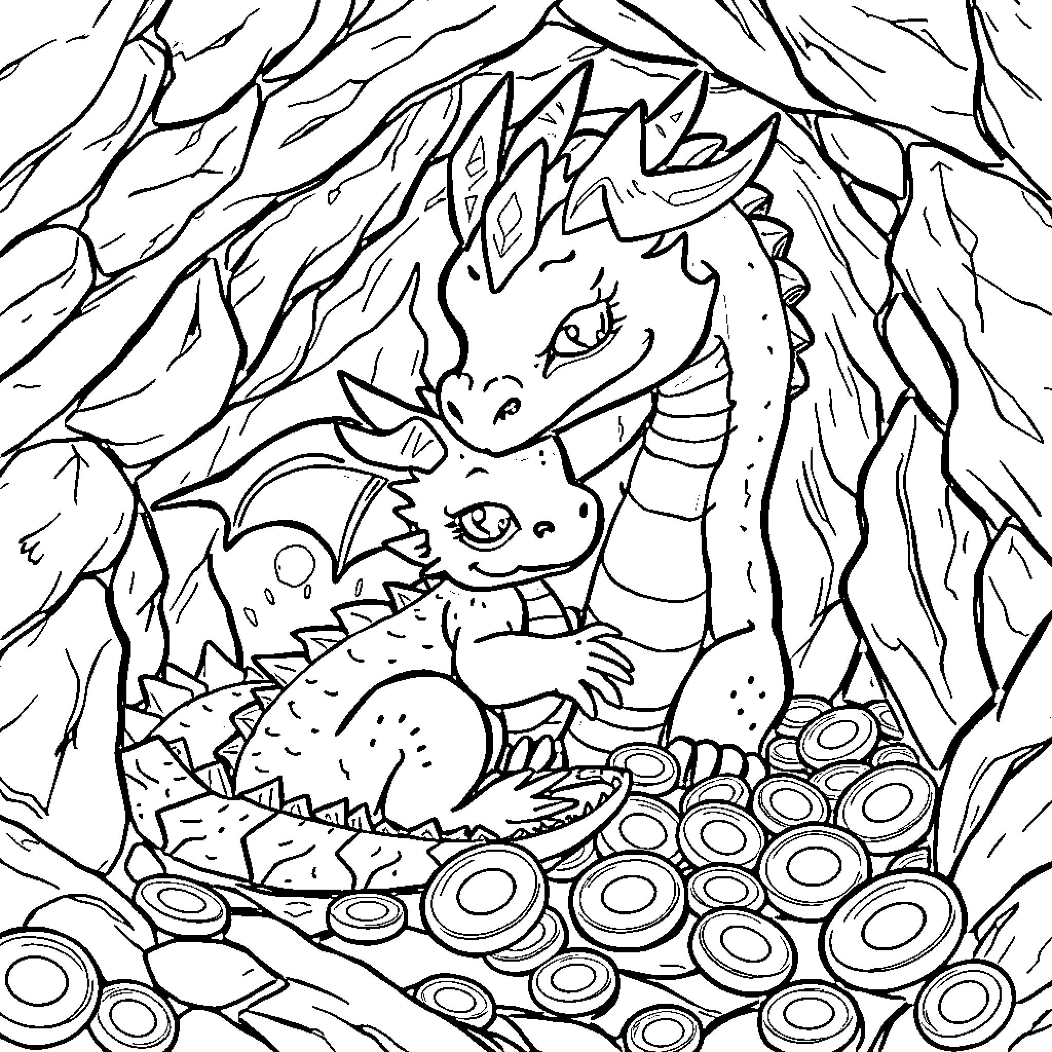 Dragon hatchlings exploring their underground cave lair Coloring Page (free black-and-white line drawing printable PDF for all, from beginners to advanced learners, including children, teens, adults, and seniors)