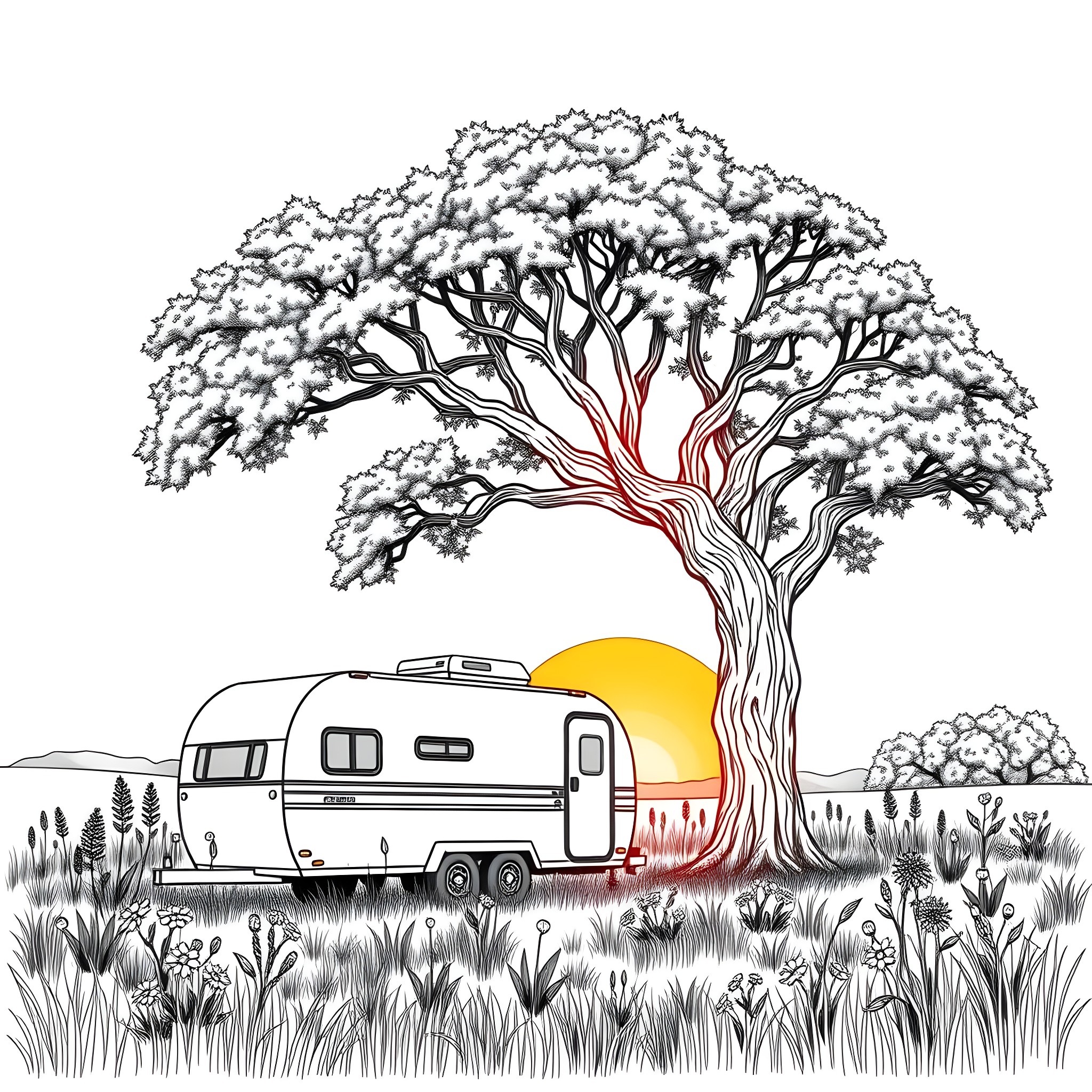 Trailer Parked under Snowy Tree in Wilderness Coloring Page (free black-and-white line drawing printable PDF for all, from beginners to advanced learners, including children, teens, adults, and seniors)