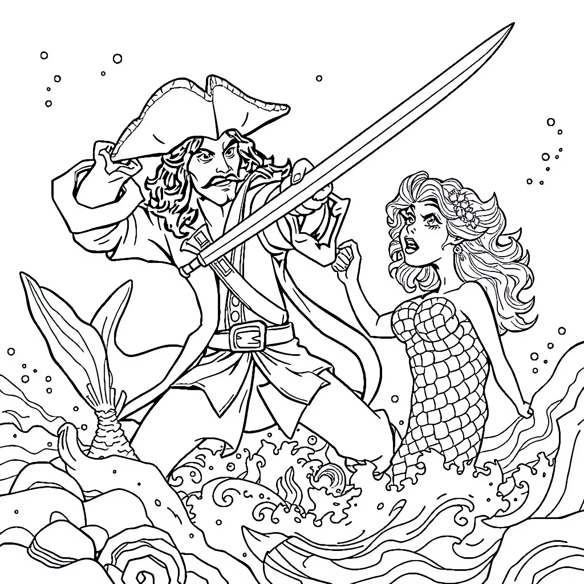 Captain Hook's Underwater Adventure with the Mermaid Coloring Page (free black-and-white line drawing printable PDF for all, from beginners to advanced learners, including children, teens, adults, and seniors)