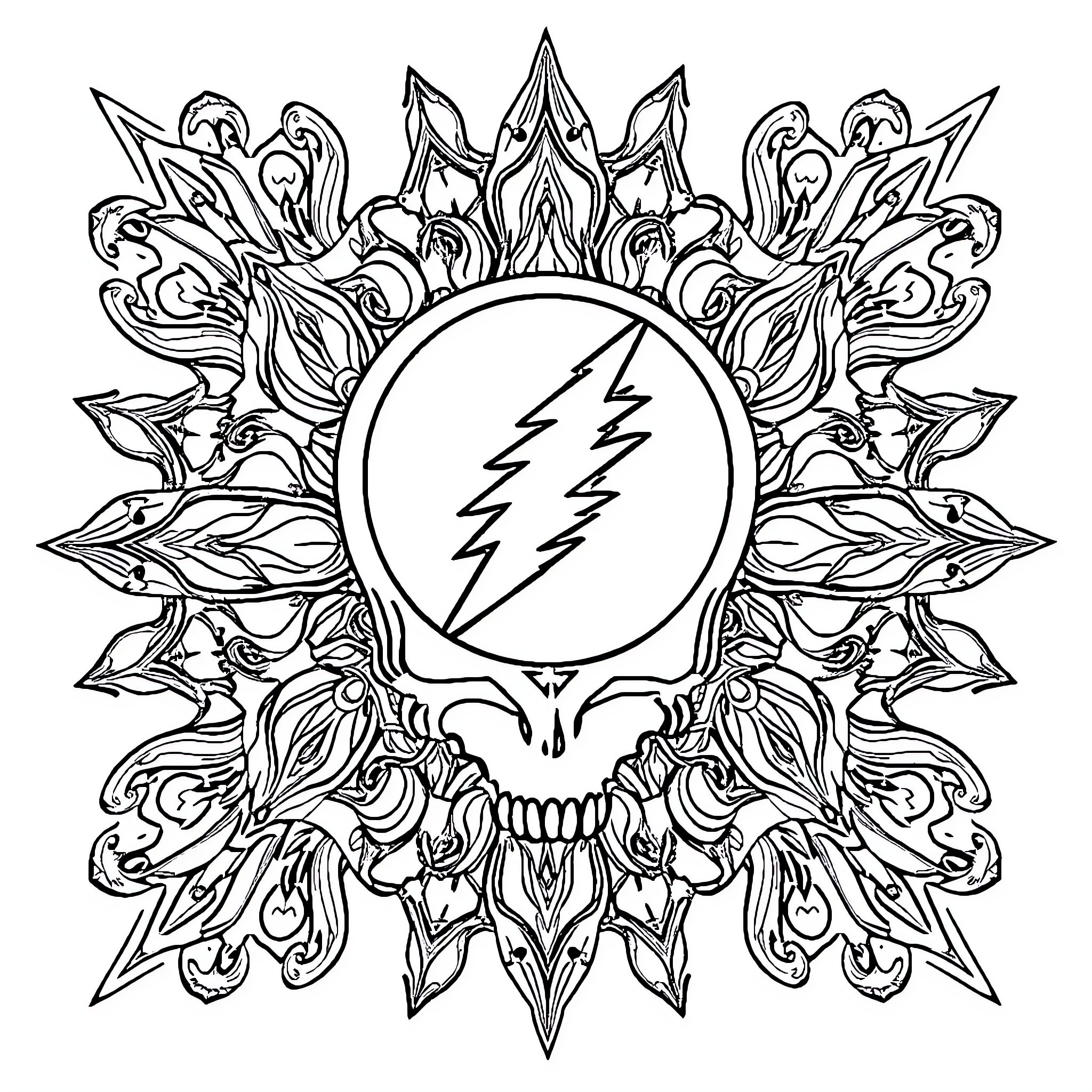 Grateful Dead psychedelic rock band logo design Coloring Page (free black-and-white line drawing printable PDF for all, from beginners to advanced learners, including children, teens, adults, and seniors)