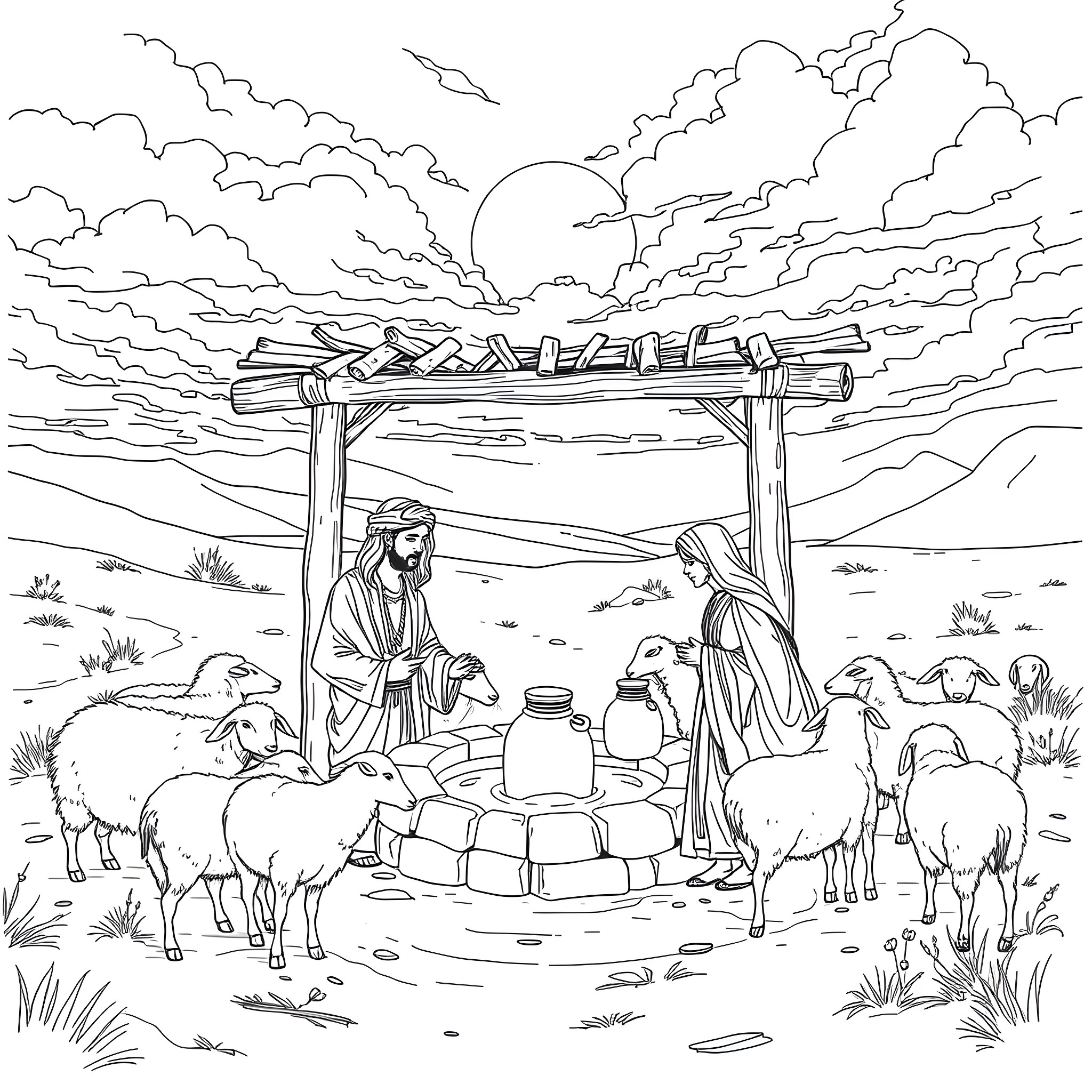 Moses and his flock in the desert landscape Coloring Page (free black-and-white line drawing printable PDF for all, from beginners to advanced learners, including children, teens, adults, and seniors)