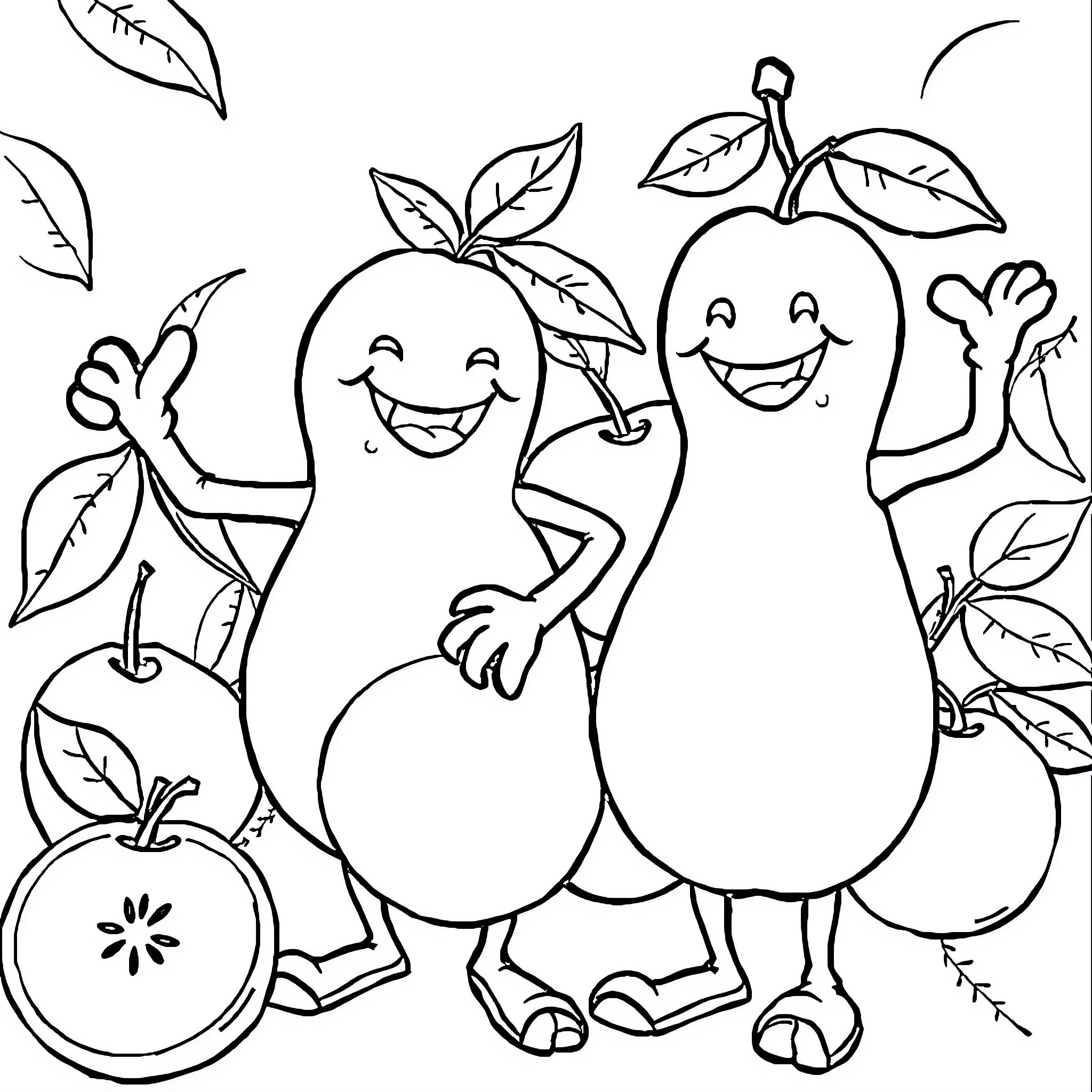 Fruit characters in a playful scene Coloring Page (free black-and-white line drawing printable PDF for all, from beginners to advanced learners, including children, teens, adults, and seniors)