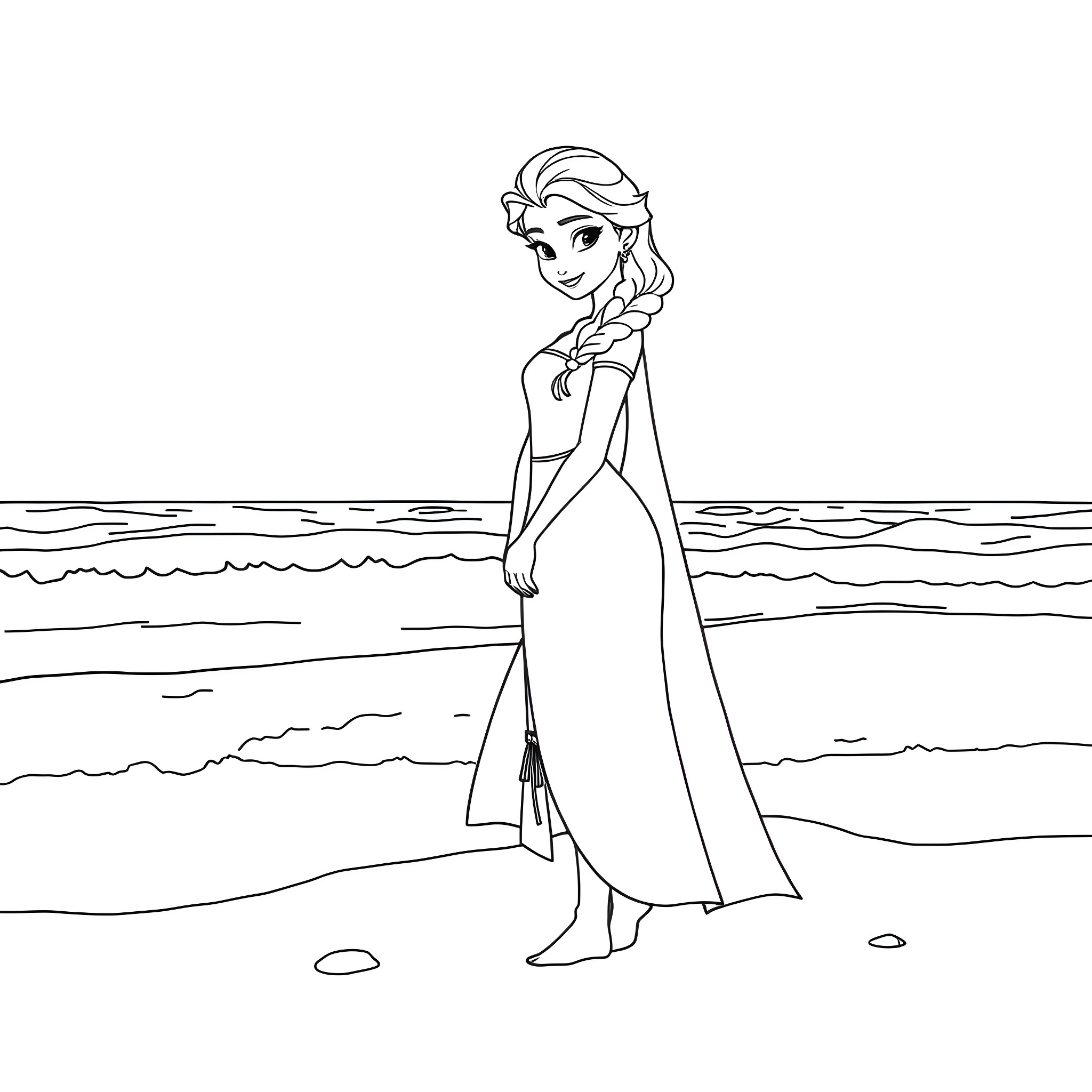 Elsa's Icy Adventure on the Beach Coloring Page (free black-and-white line drawing printable PDF for all, from beginners to advanced learners, including children, teens, adults, and seniors)