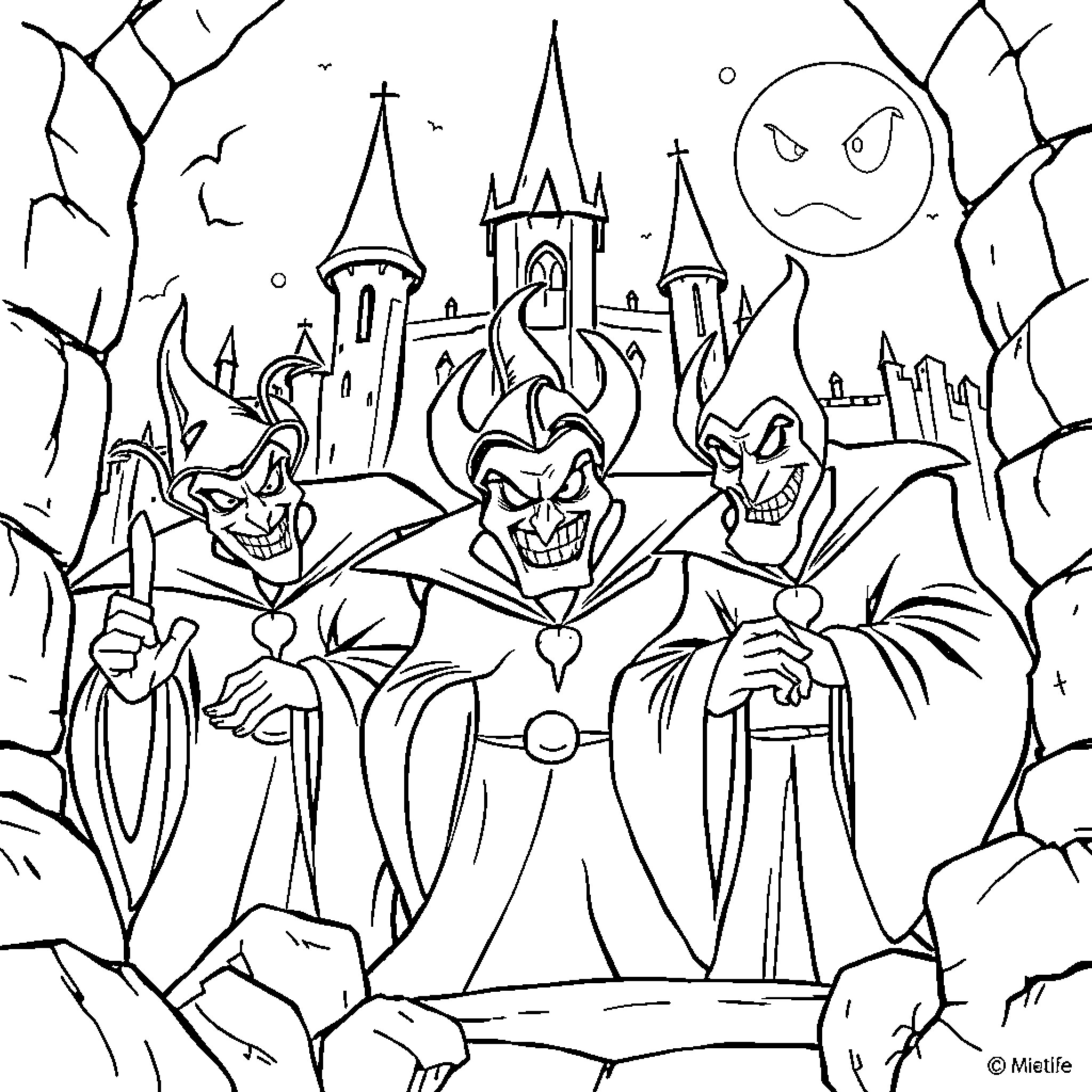 Disney Villain Trio Menacing in Castle Courtyard Coloring Page (free black-and-white line drawing printable PDF for all, from beginners to advanced learners, including children, teens, adults, and seniors)