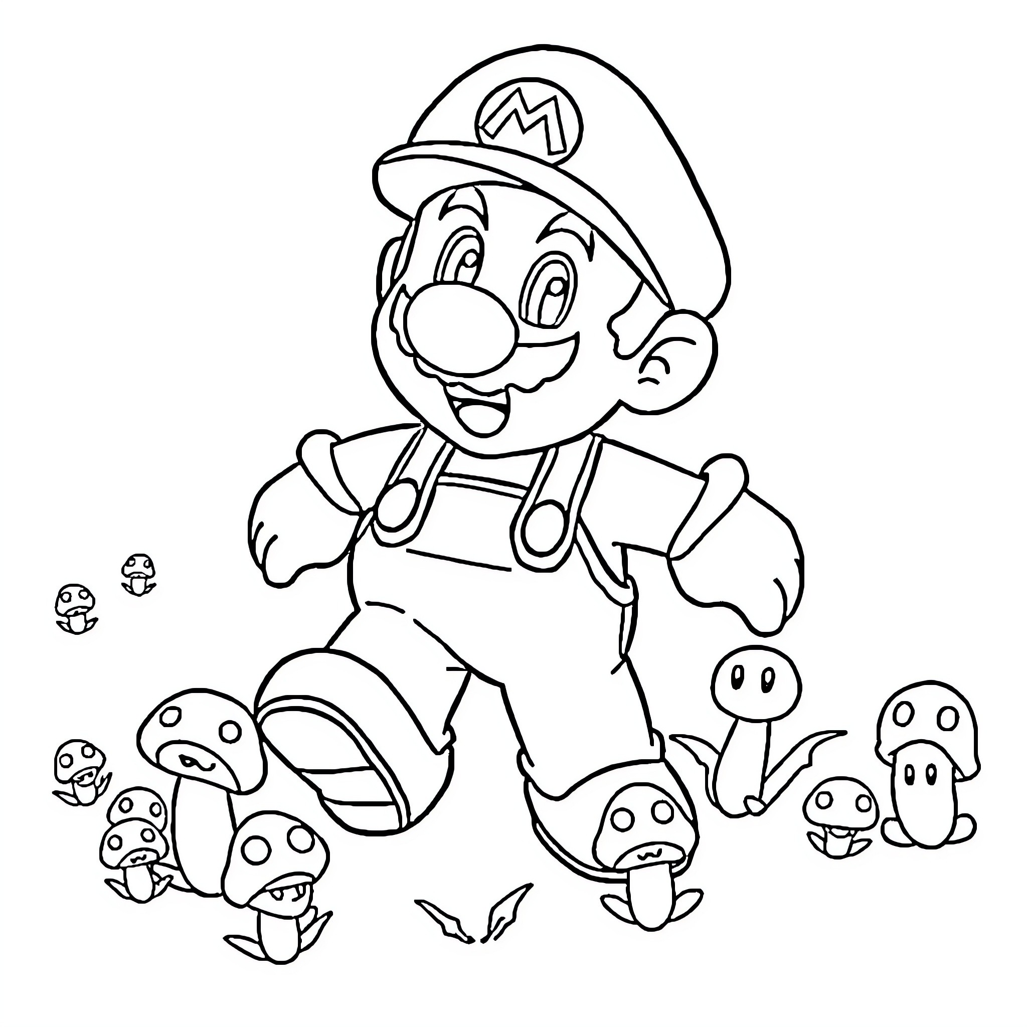 Mario's Mushroom Adventure Coloring Page (free black-and-white line drawing printable PDF for all, from beginners to advanced learners, including children, teens, adults, and seniors)