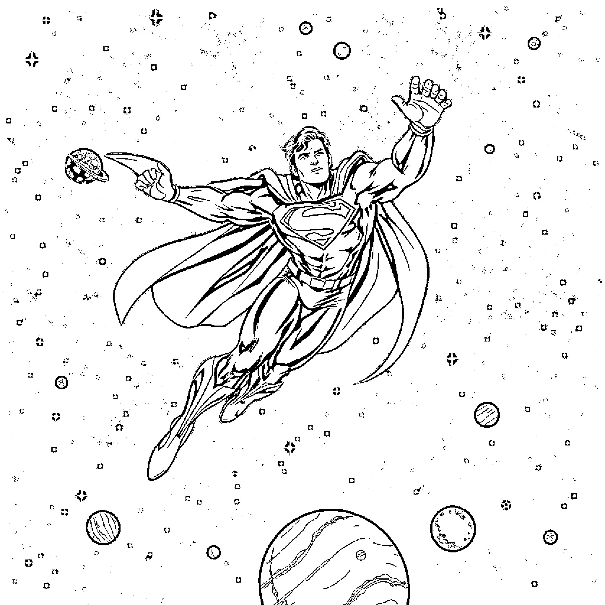 Superman soaring through the cosmic space Coloring Page (free black-and-white line drawing printable PDF for all, from beginners to advanced learners, including children, teens, adults, and seniors)