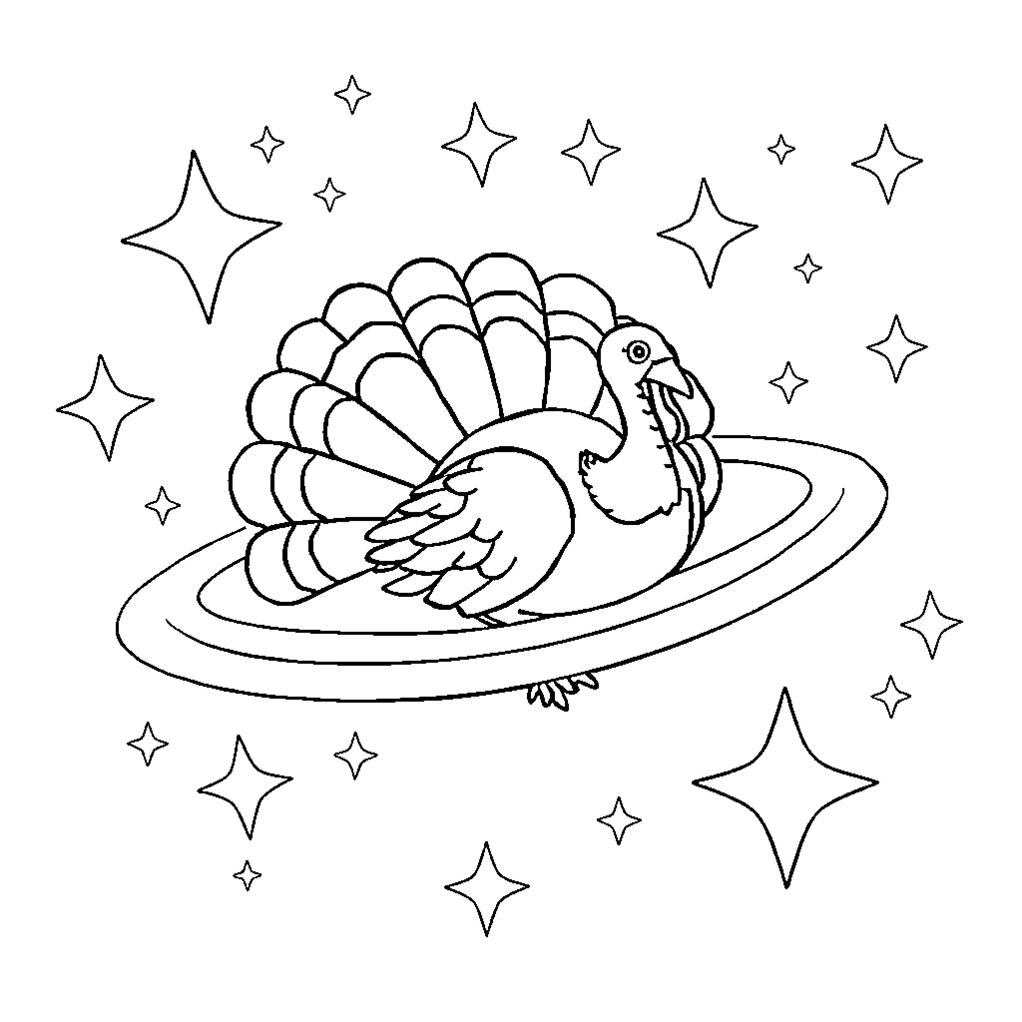 Turkey flying among twinkling stars Coloring Page (free black-and-white line drawing printable PDF for all, from beginners to advanced learners, including children, teens, adults, and seniors)