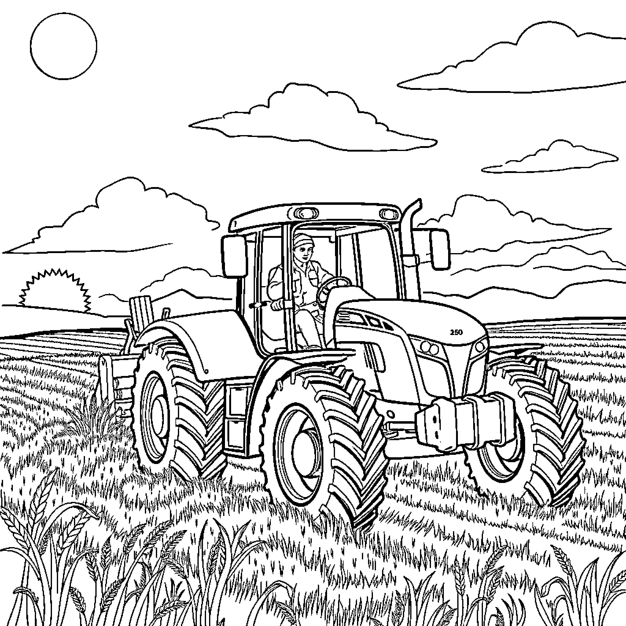 Tractor working diligently on the farmland Coloring Page (free black-and-white line drawing printable PDF for all, from beginners to advanced learners, including children, teens, adults, and seniors)
