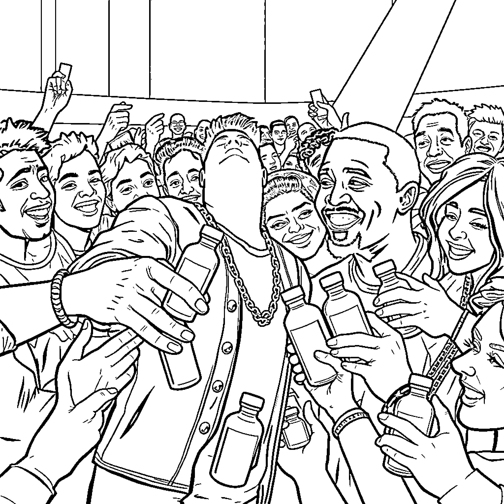 Diddy's Crowd Celebration Coloring Page (free black-and-white line drawing printable PDF for all, from beginners to advanced learners, including children, teens, adults, and seniors)