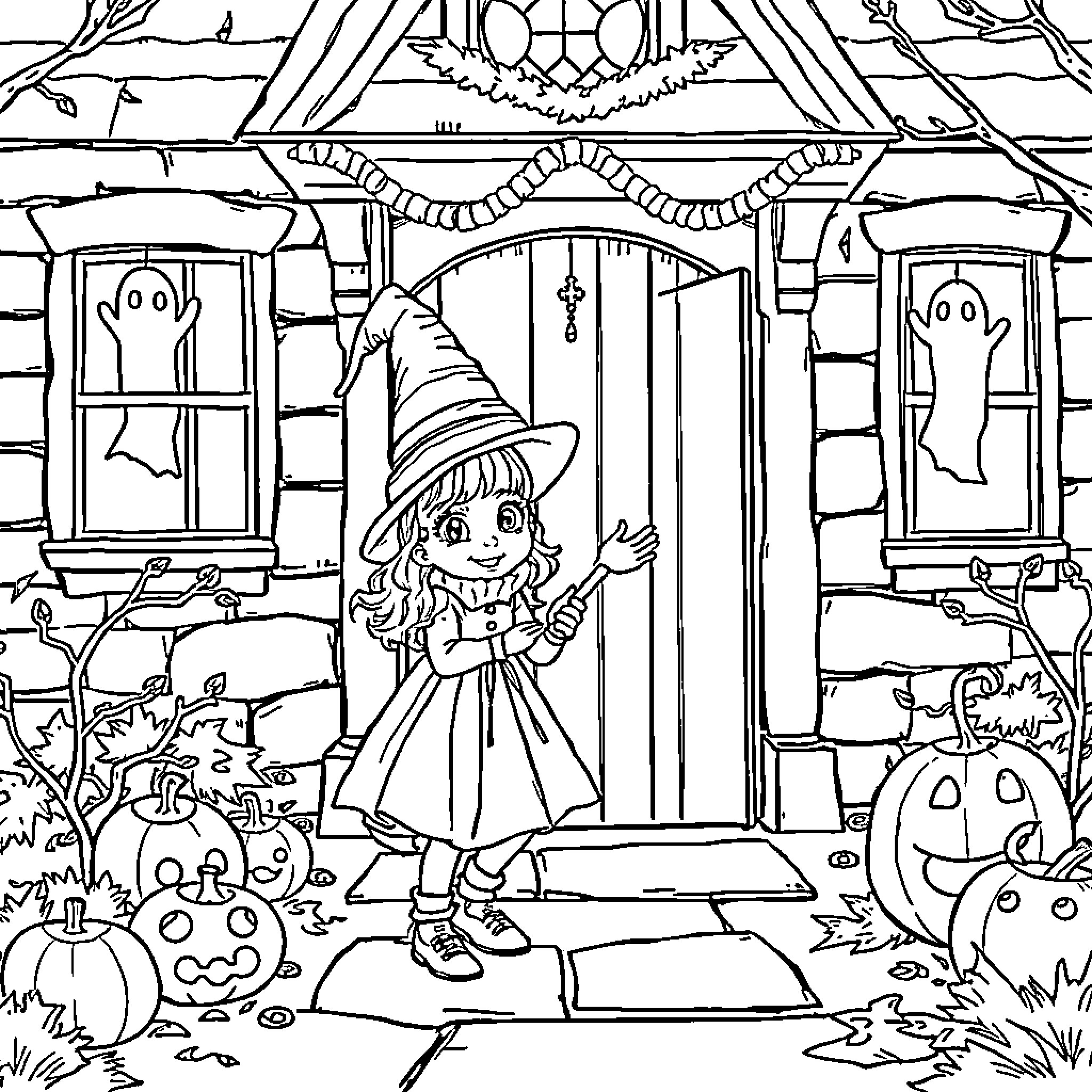 Sister Trick-or-Treating on Halloween Night Coloring Page (free black-and-white line drawing printable PDF for all, from beginners to advanced learners, including children, teens, adults, and seniors)