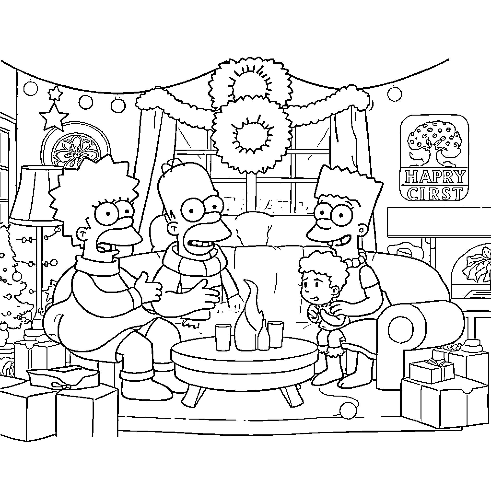 Simpsons Family Celebrating Christmas Together Coloring Page (free black-and-white line drawing printable PDF for all, from beginners to advanced learners, including children, teens, adults, and seniors)