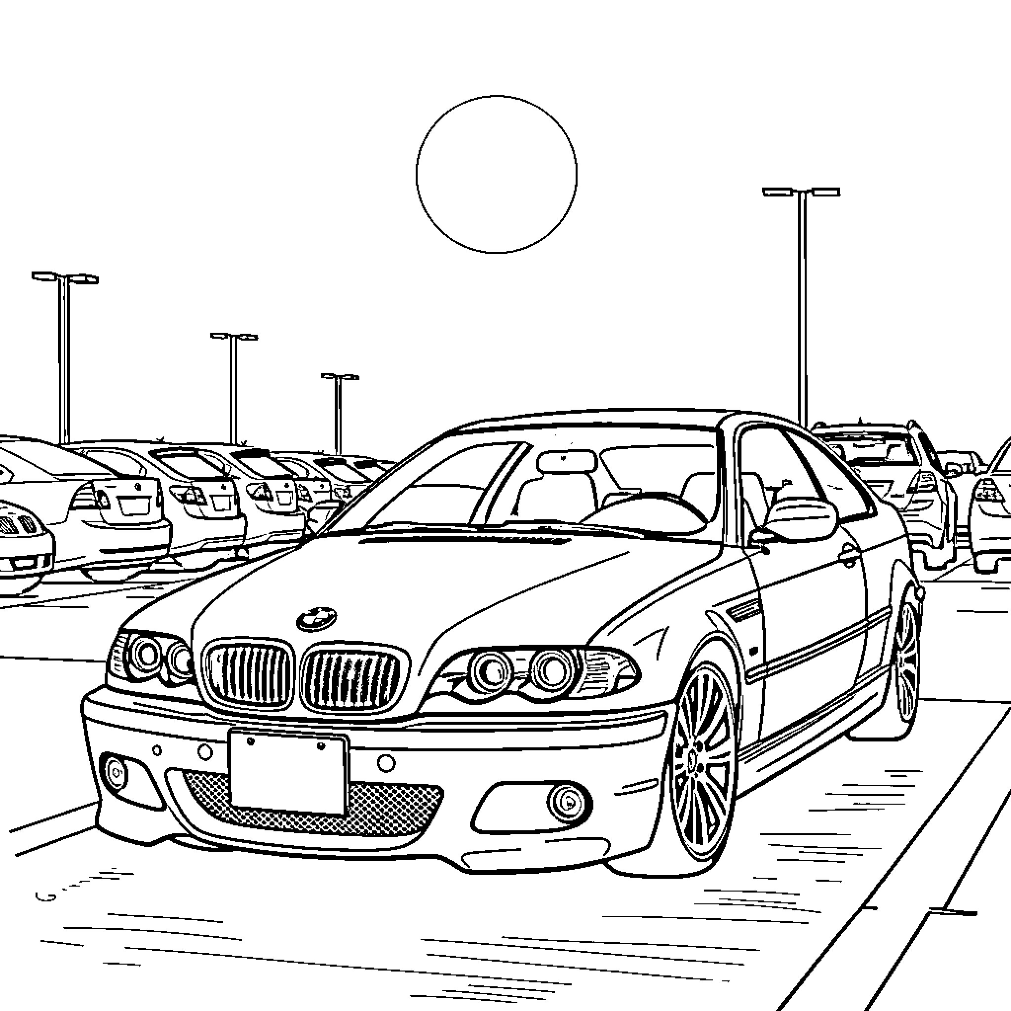 BMW E46 in a parking lot Coloring Page (free black-and-white line drawing printable PDF for all, from beginners to advanced learners, including children, teens, adults, and seniors)