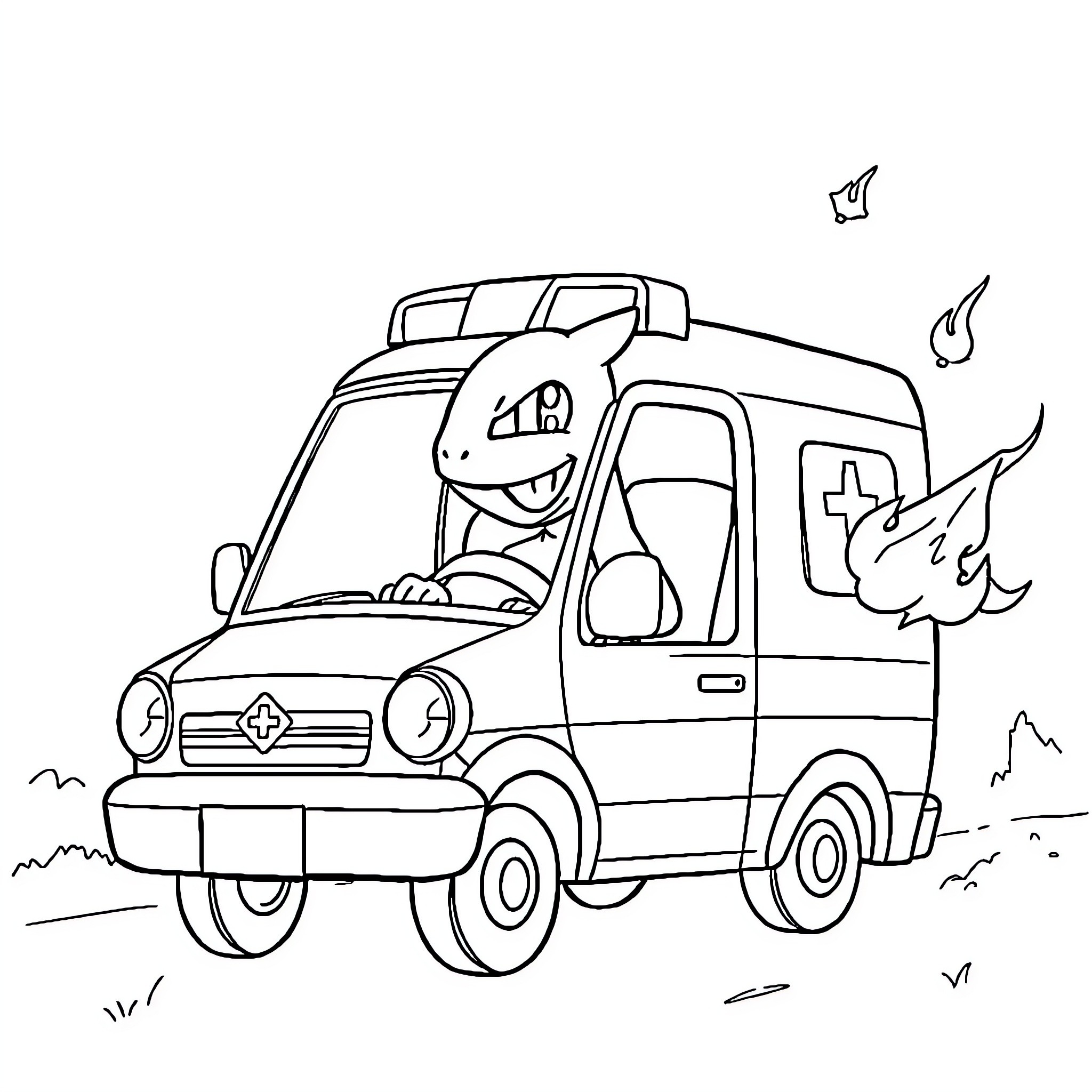 Charmander driving a playful ambulance Coloring Page (free black-and-white line drawing printable PDF for all, from beginners to advanced learners, including children, teens, adults, and seniors)