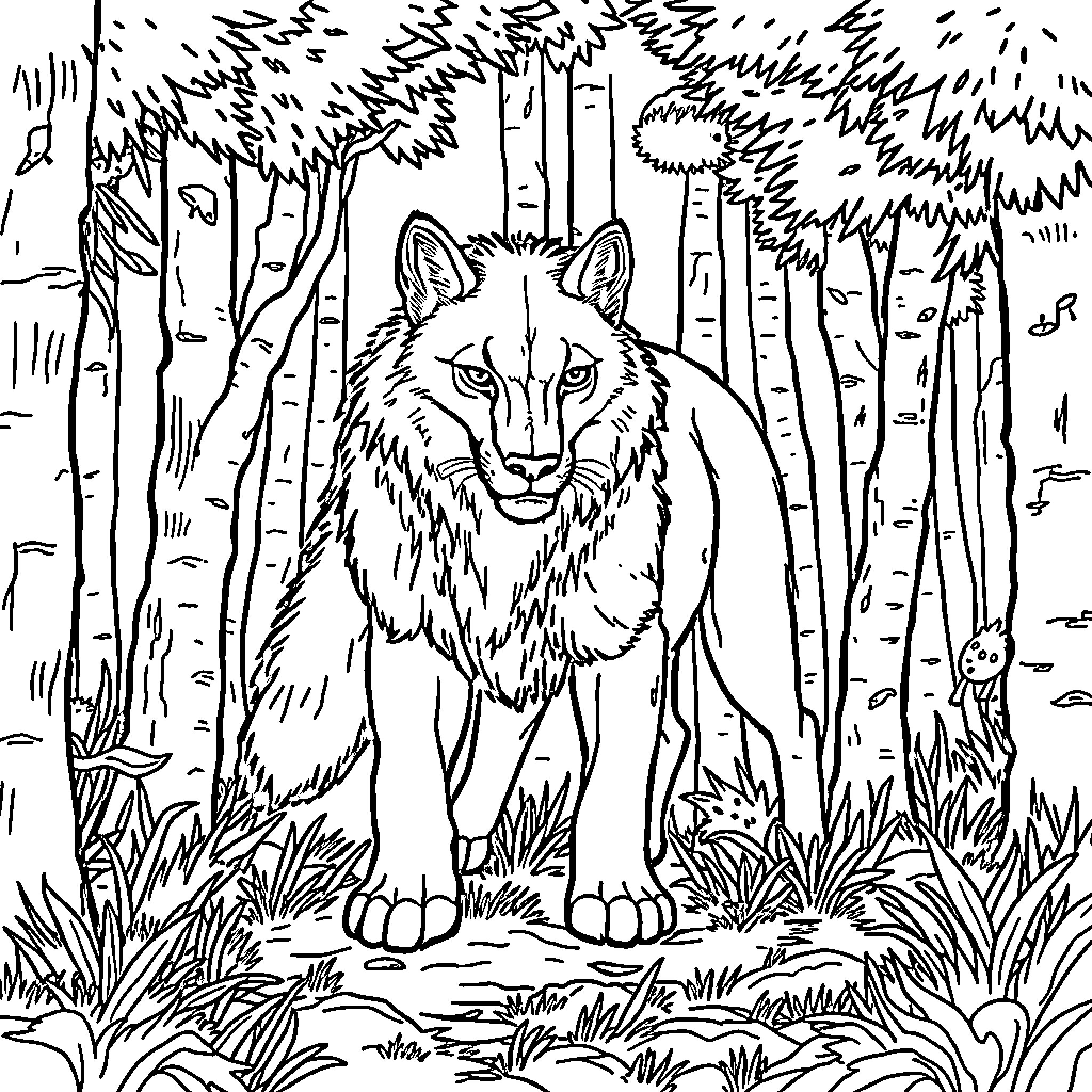 Wolf prowling through the enchanted forest Coloring Page (free black-and-white line drawing printable PDF for all, from beginners to advanced learners, including children, teens, adults, and seniors)