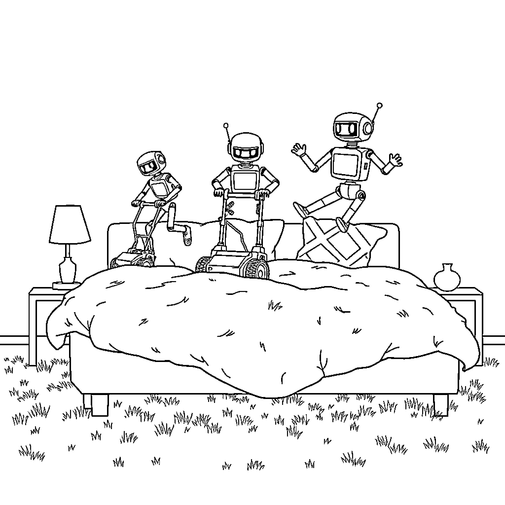 Robot friends exploring a grassy landscape Coloring Page (free black-and-white line drawing printable PDF for all, from beginners to advanced learners, including children, teens, adults, and seniors)