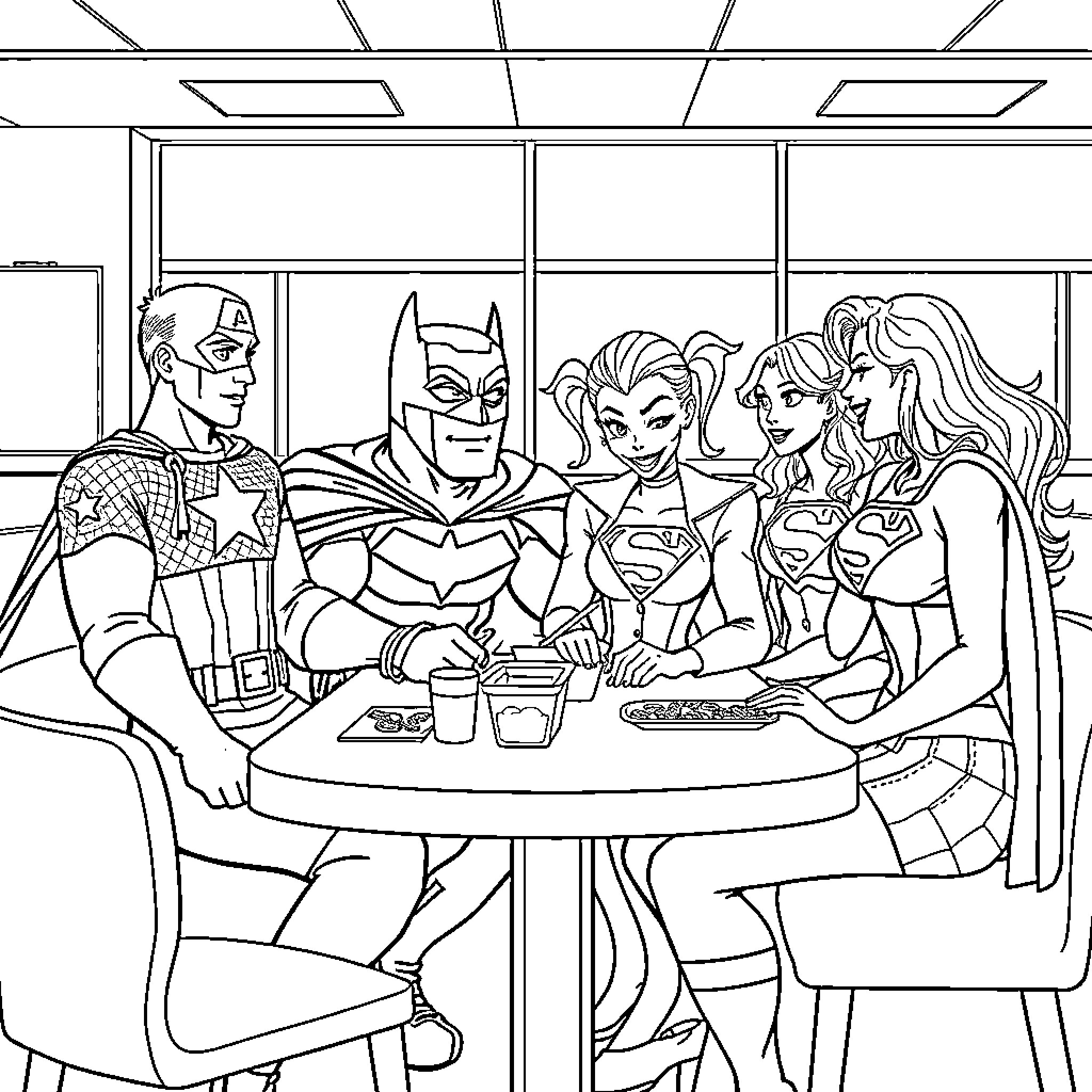 Superhero Friends Enjoying a Meal Together Coloring Page (free black-and-white line drawing printable PDF for all, from beginners to advanced learners, including children, teens, adults, and seniors)