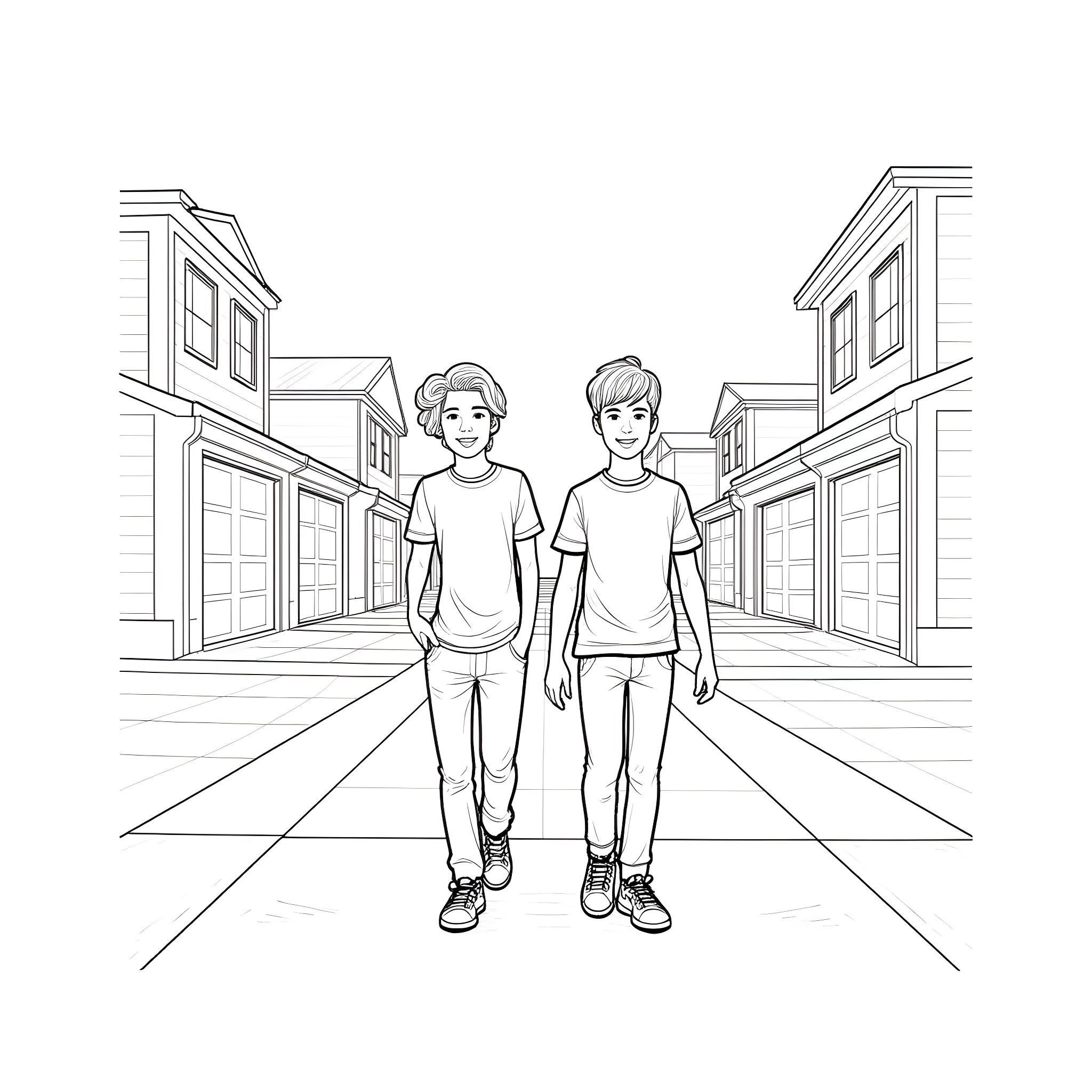 Teen Guys Walking Down Street Together Coloring Page (free black-and-white line drawing printable PDF for all, from beginners to advanced learners, including children, teens, adults, and seniors)