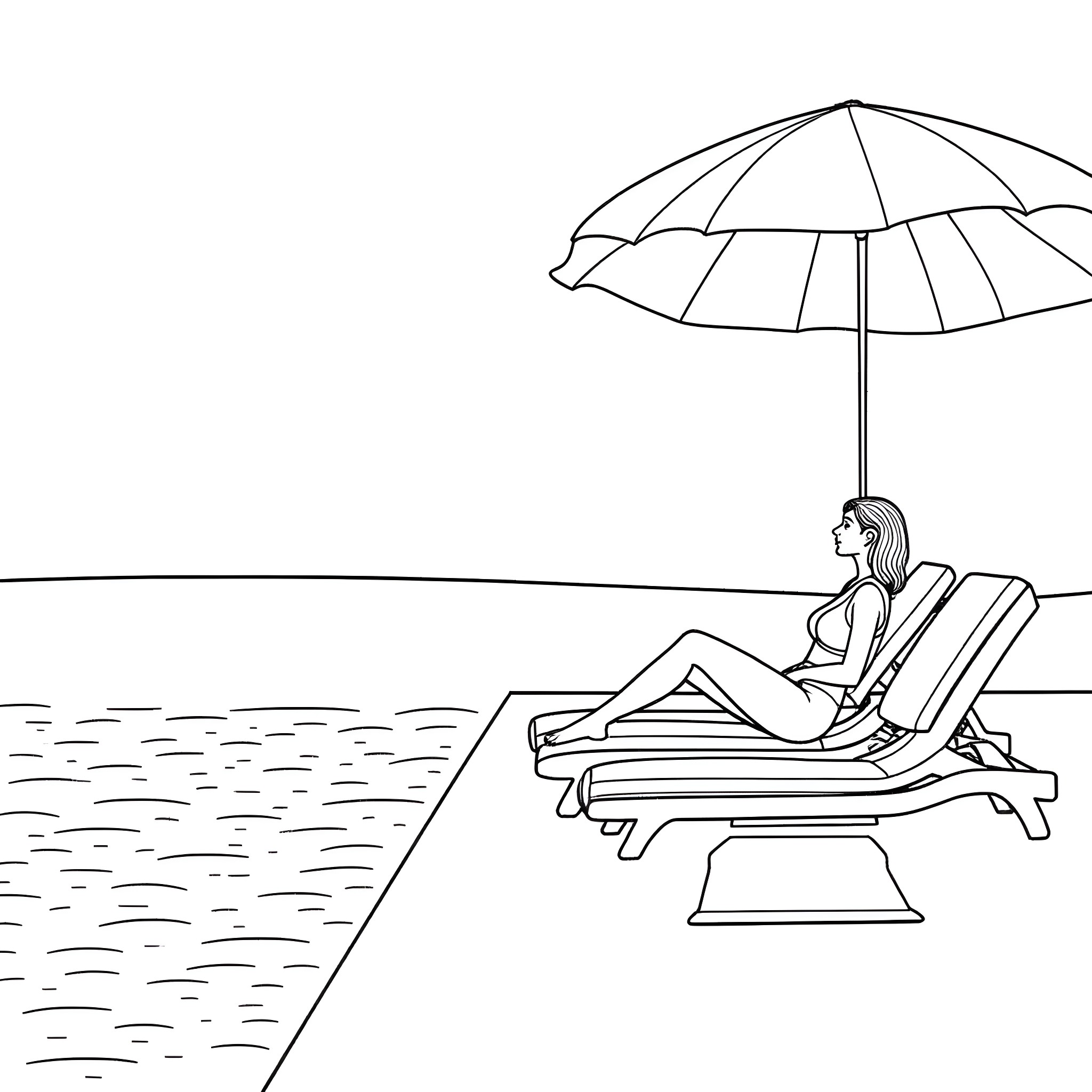 Lady relaxing on a beach chair under a parasol Coloring Page (free black-and-white line drawing printable PDF for all, from beginners to advanced learners, including children, teens, adults, and seniors)