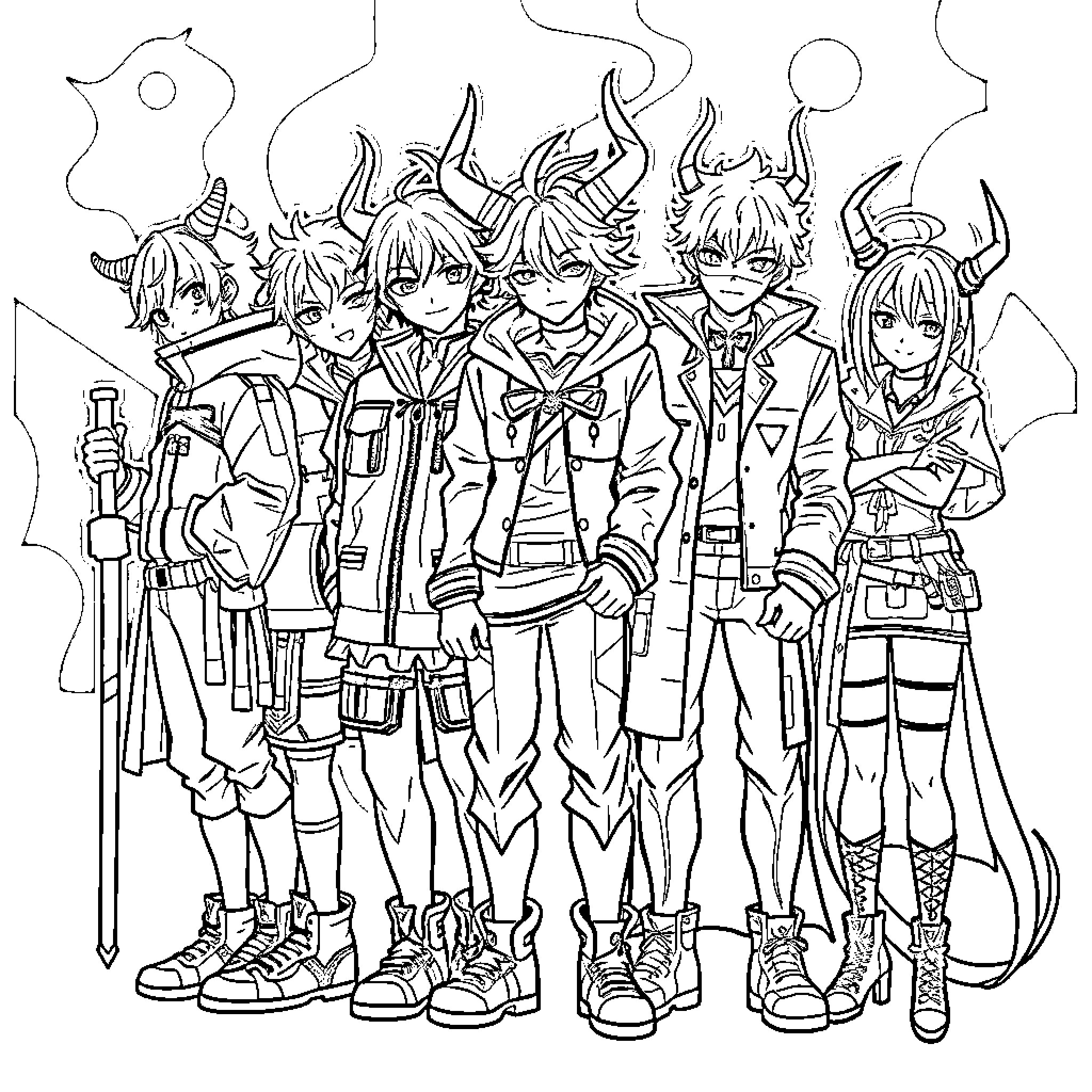 Demon Hunter Crew in Action-Packed Anime Attire Coloring Page (free black-and-white line drawing printable PDF for all, from beginners to advanced learners, including children, teens, adults, and seniors)