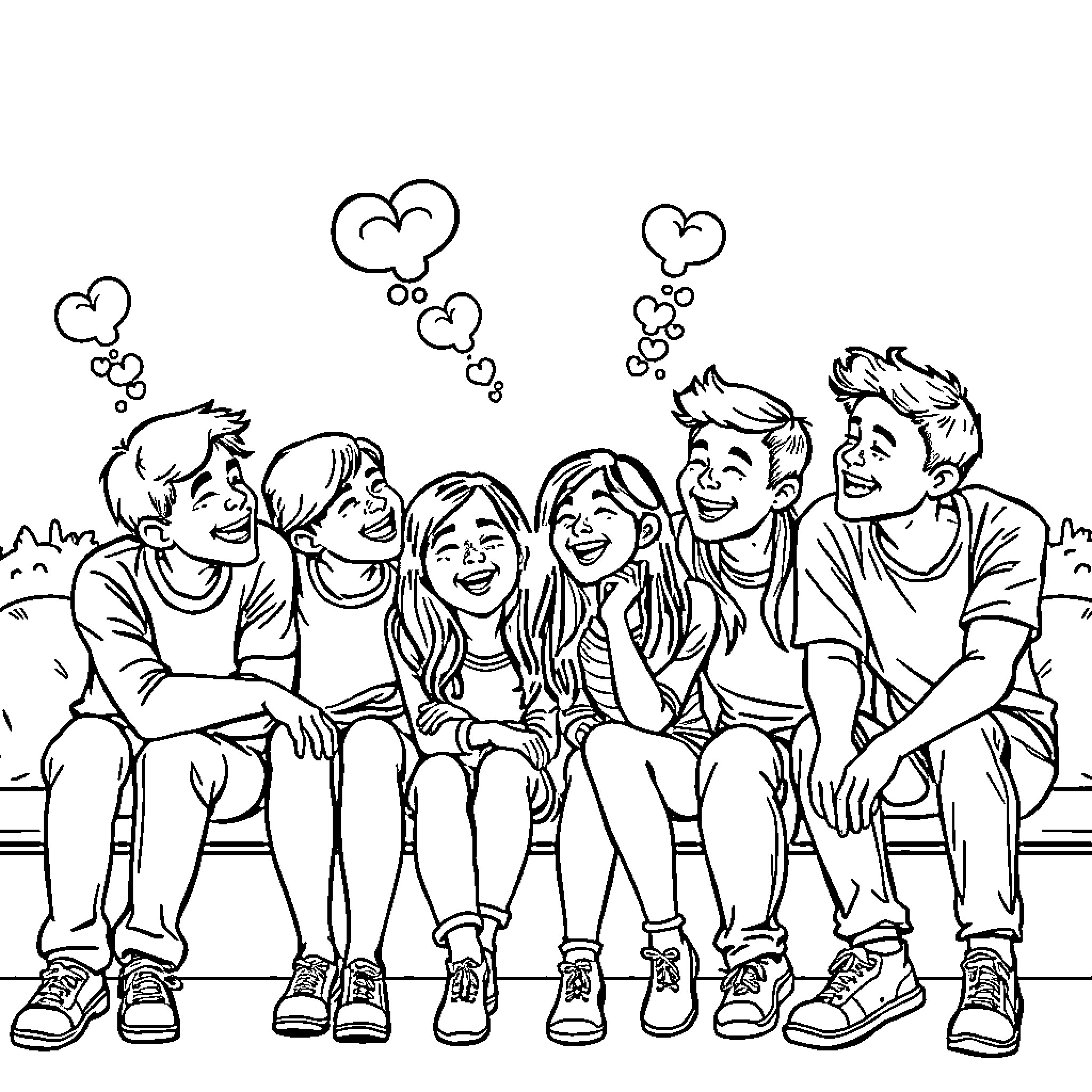 Brainrot: Friends laughing and enjoying each other's company Coloring Page (free black-and-white line drawing printable PDF for all, from beginners to advanced learners, including children, teens, adults, and seniors)