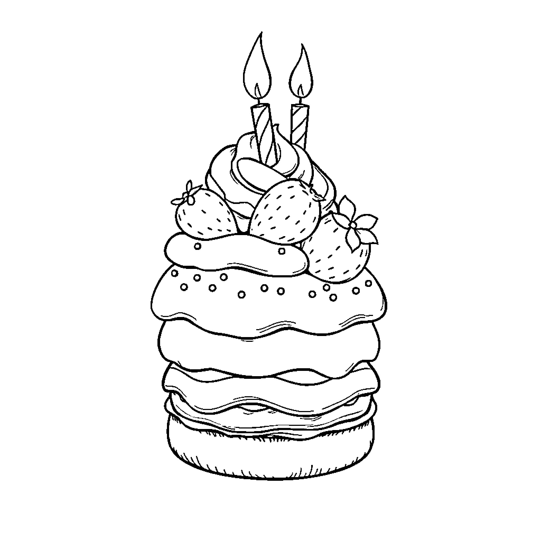 Strawberry Shortcake with Candles and Fruit Coloring Page (free black-and-white line drawing printable PDF for all, from beginners to advanced learners, including children, teens, adults, and seniors)