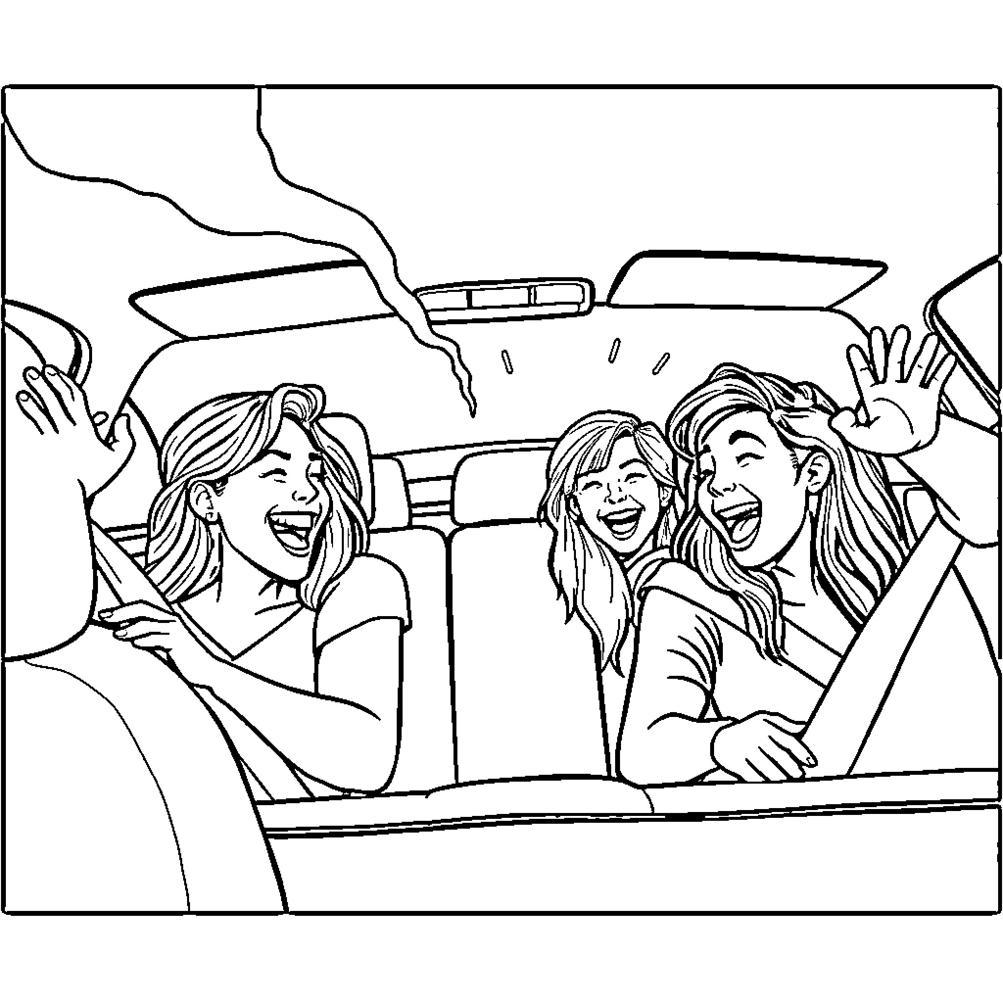 Friends enjoying a joyful ride together Coloring Page (free black-and-white line drawing printable PDF for all, from beginners to advanced learners, including children, teens, adults, and seniors)