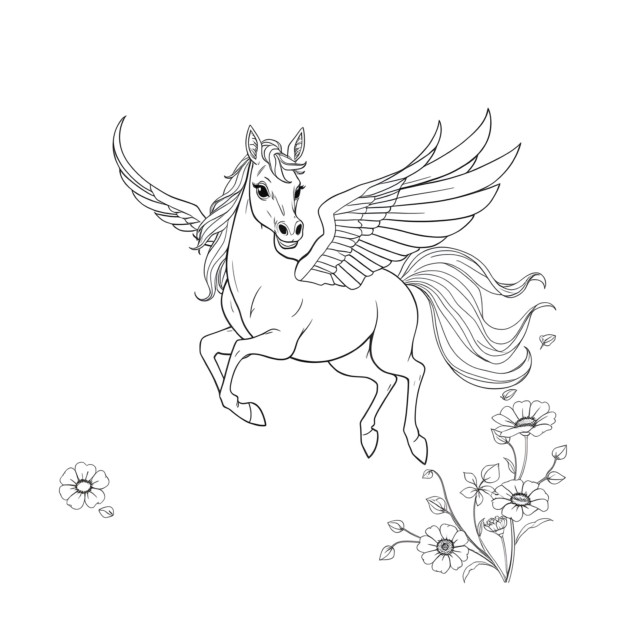 Horned Winged Equine Soaring Amidst Flowers Coloring Page (free black-and-white line drawing printable PDF for all, from beginners to advanced learners, including children, teens, adults, and seniors)
