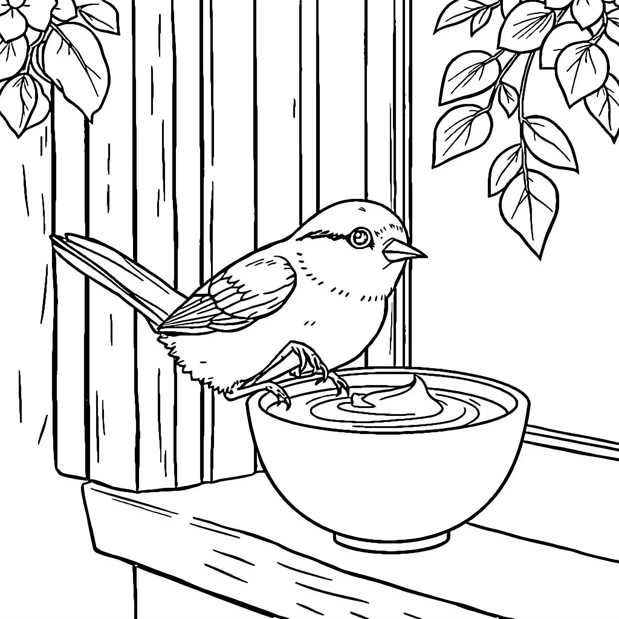 Bird drinking water from a bowl Coloring Page (free black-and-white line drawing printable PDF for all, from beginners to advanced learners, including children, teens, adults, and seniors)