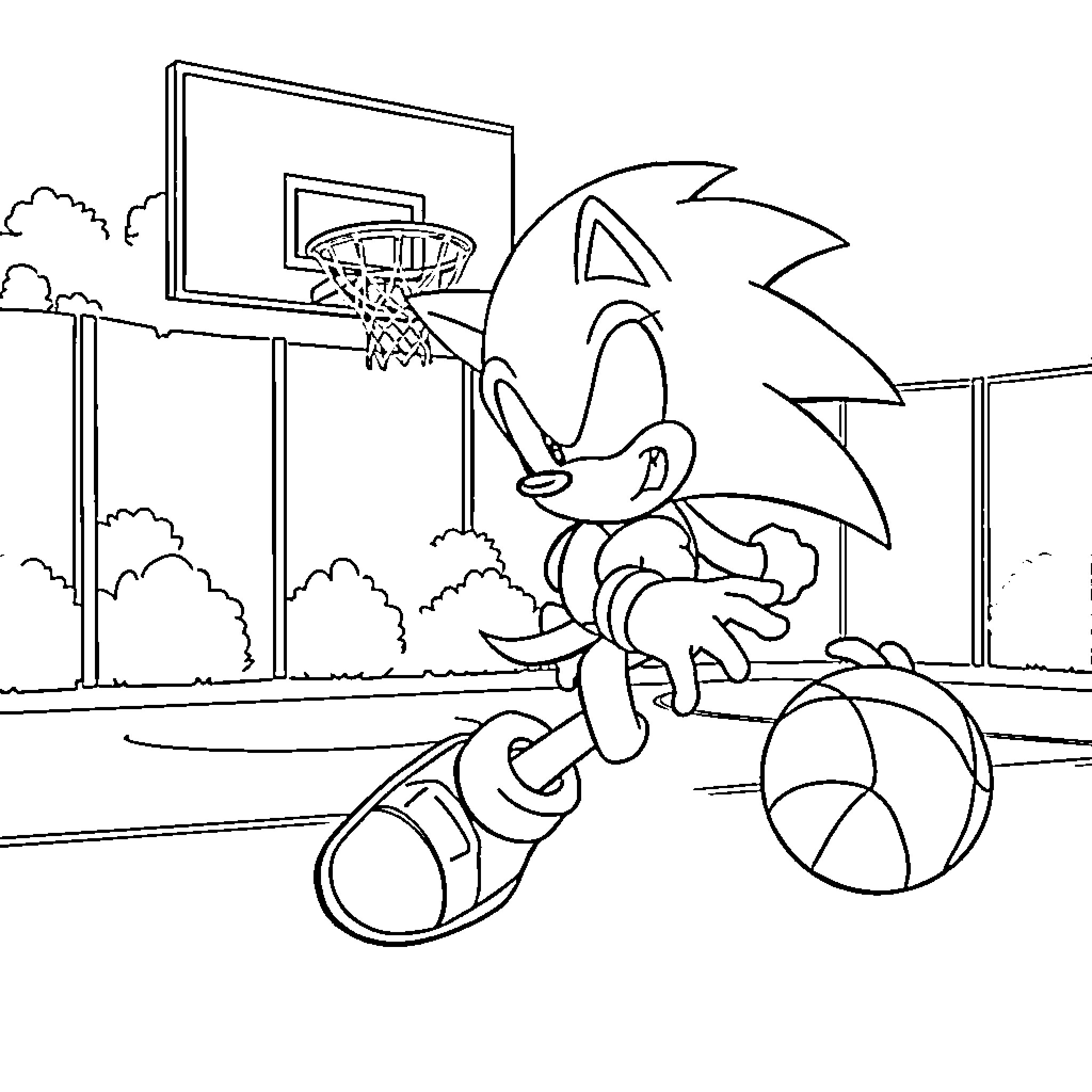 Sonic playing basketball on the court Coloring Page (free black-and-white line drawing printable PDF for all, from beginners to advanced learners, including children, teens, adults, and seniors)