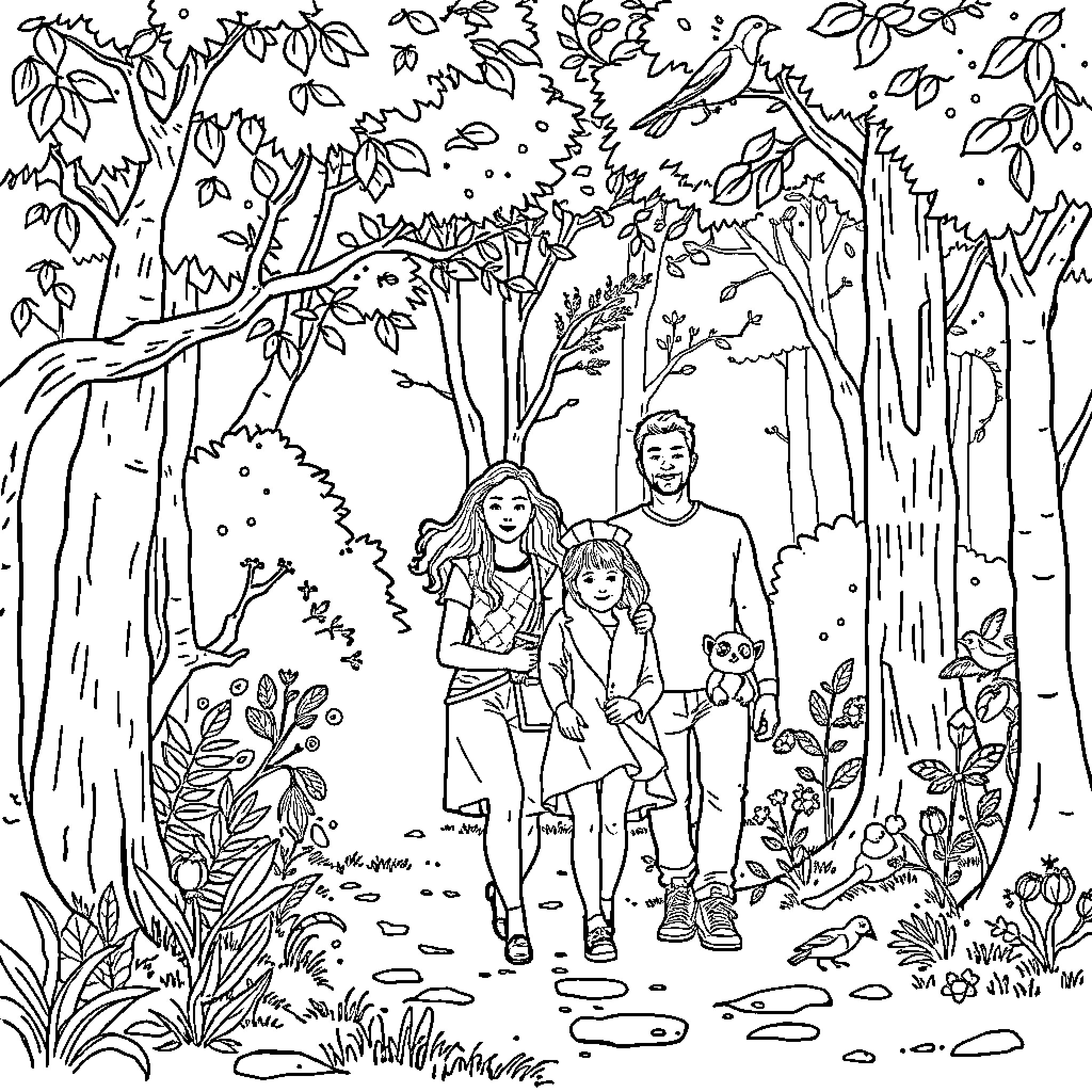 Family Exploring Scenic Forest Trail Coloring Page (free black-and-white line drawing printable PDF for all, from beginners to advanced learners, including children, teens, adults, and seniors)