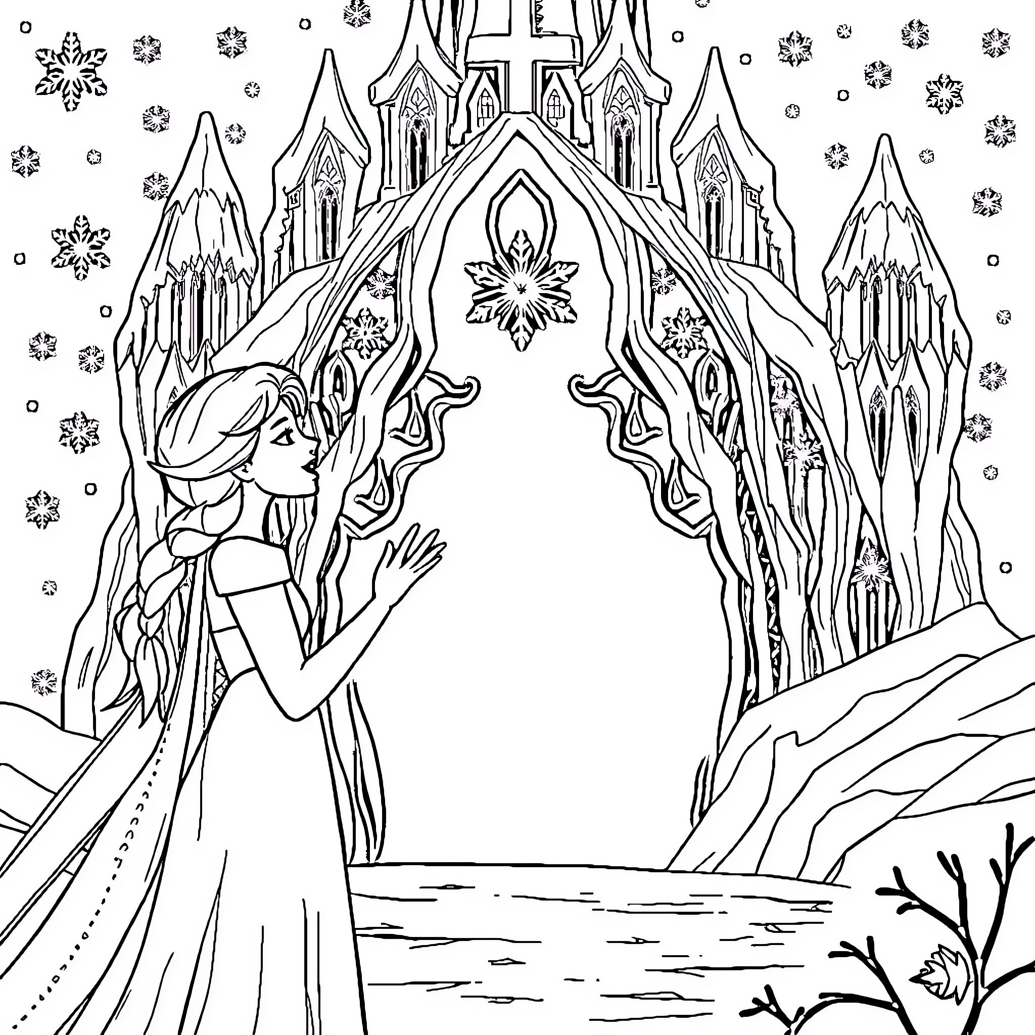 Elsa exploring the enchanting ice palace Coloring Page (free black-and-white line drawing printable PDF for all, from beginners to advanced learners, including children, teens, adults, and seniors)