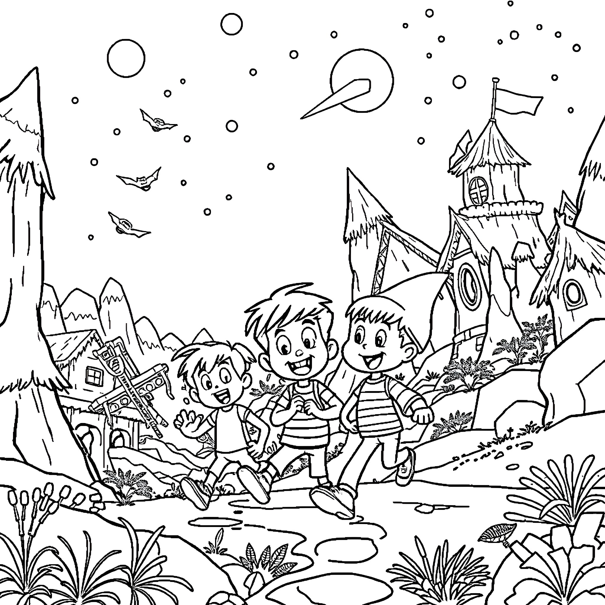 Eddsworld characters exploring a fantastical landscape Coloring Page (free black-and-white line drawing printable PDF for all, from beginners to advanced learners, including children, teens, adults, and seniors)