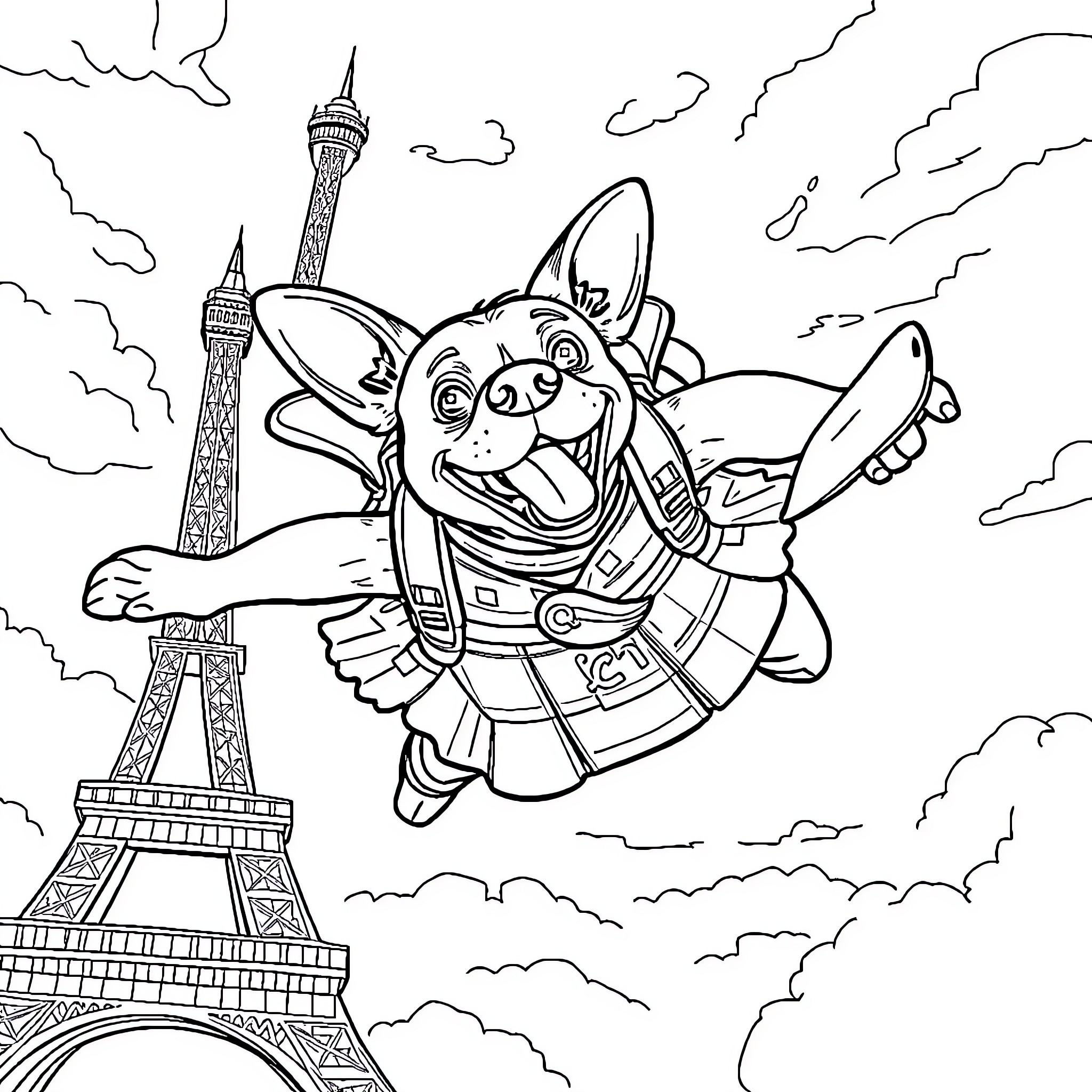 Dog flying over the Eiffel Tower Coloring Page (free black-and-white line drawing printable PDF for all, from beginners to advanced learners, including children, teens, adults, and seniors)