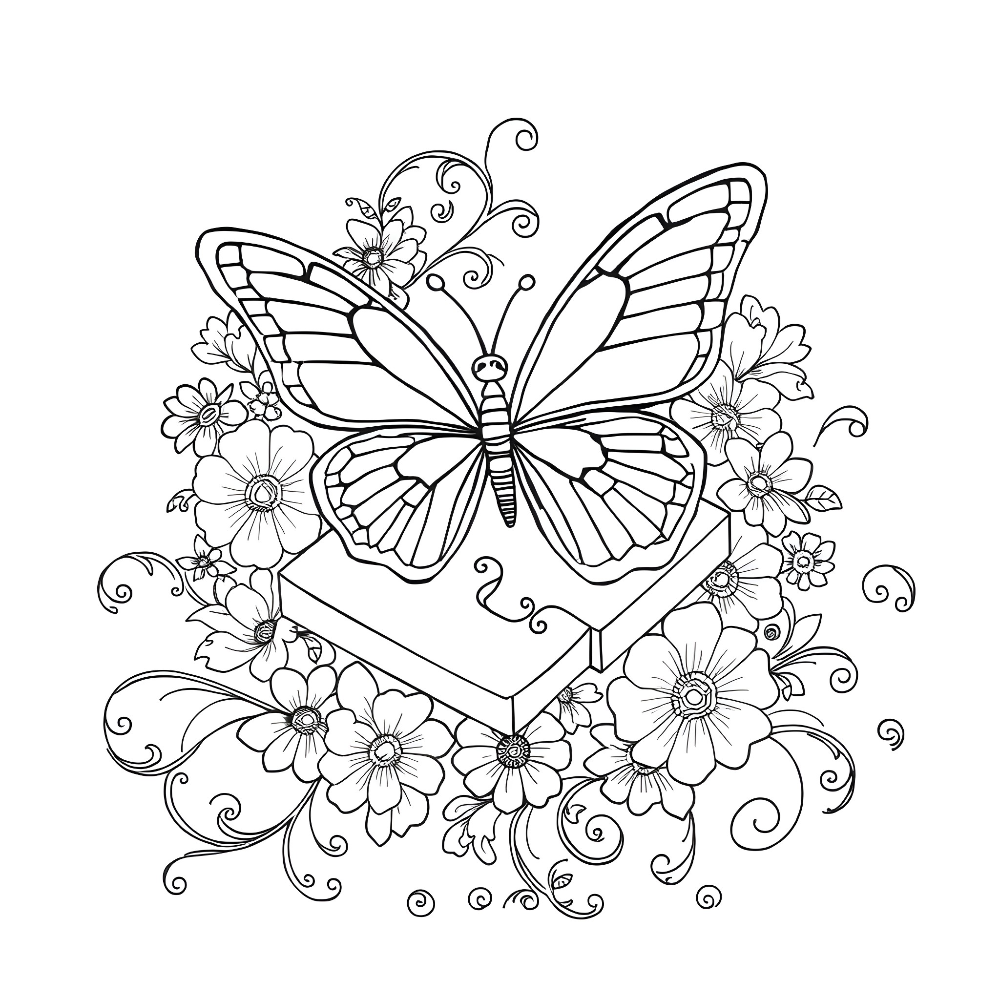 Butterfly surrounded by delicate floral details Coloring Page (free black-and-white line drawing printable PDF for all, from beginners to advanced learners, including children, teens, adults, and seniors)