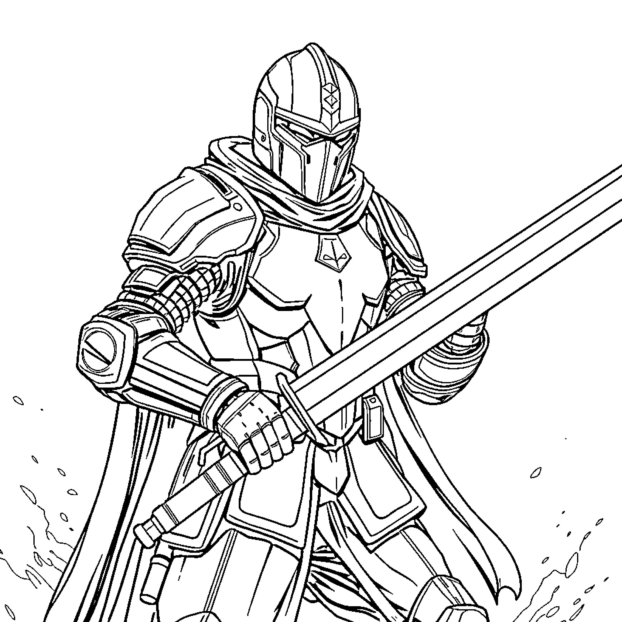 Knight in Armored Suit Wielding Sword Coloring Page (free black-and-white line drawing printable PDF for all, from beginners to advanced learners, including children, teens, adults, and seniors)
