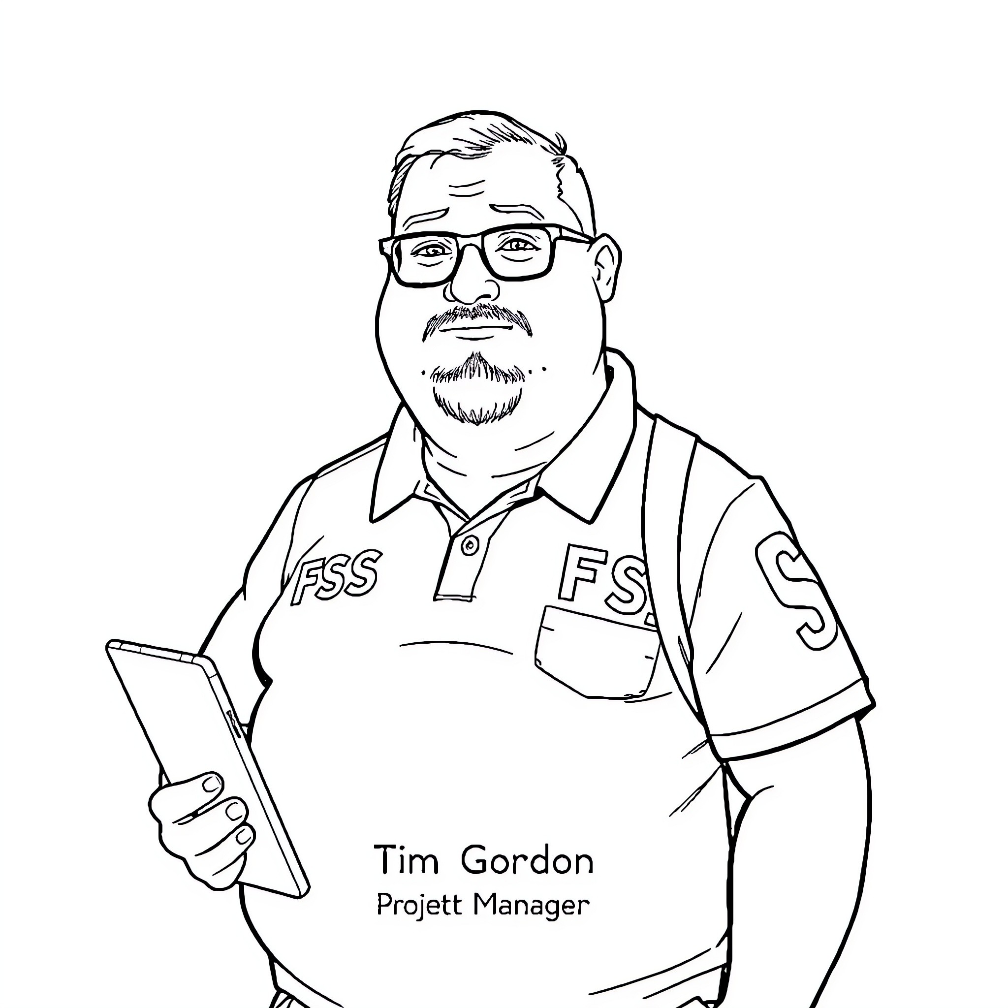 Guy in work uniform holding tablet device Coloring Page (free black-and-white line drawing printable PDF for all, from beginners to advanced learners, including children, teens, adults, and seniors)
