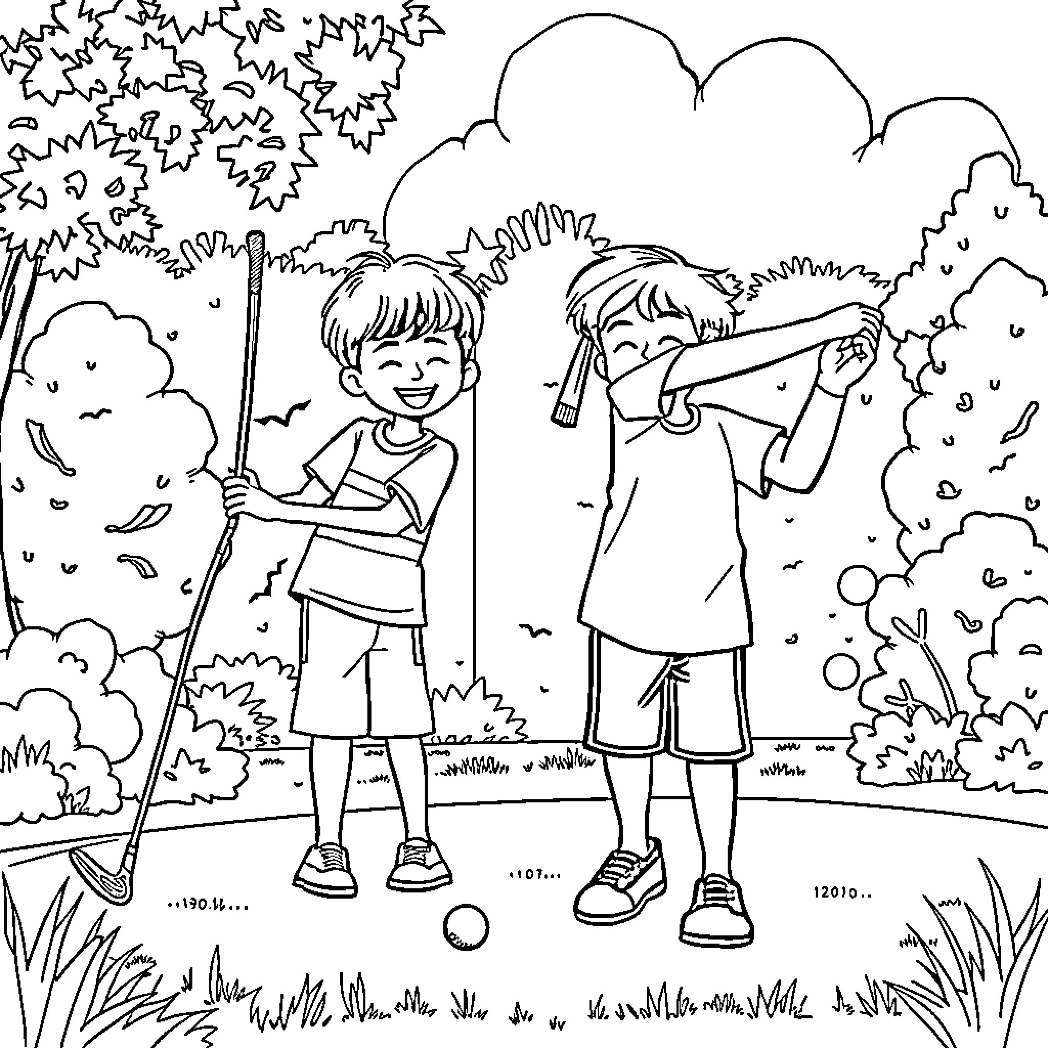 Child playing outdoor games with friends Coloring Page (free black-and-white line drawing printable PDF for all, from beginners to advanced learners, including children, teens, adults, and seniors)