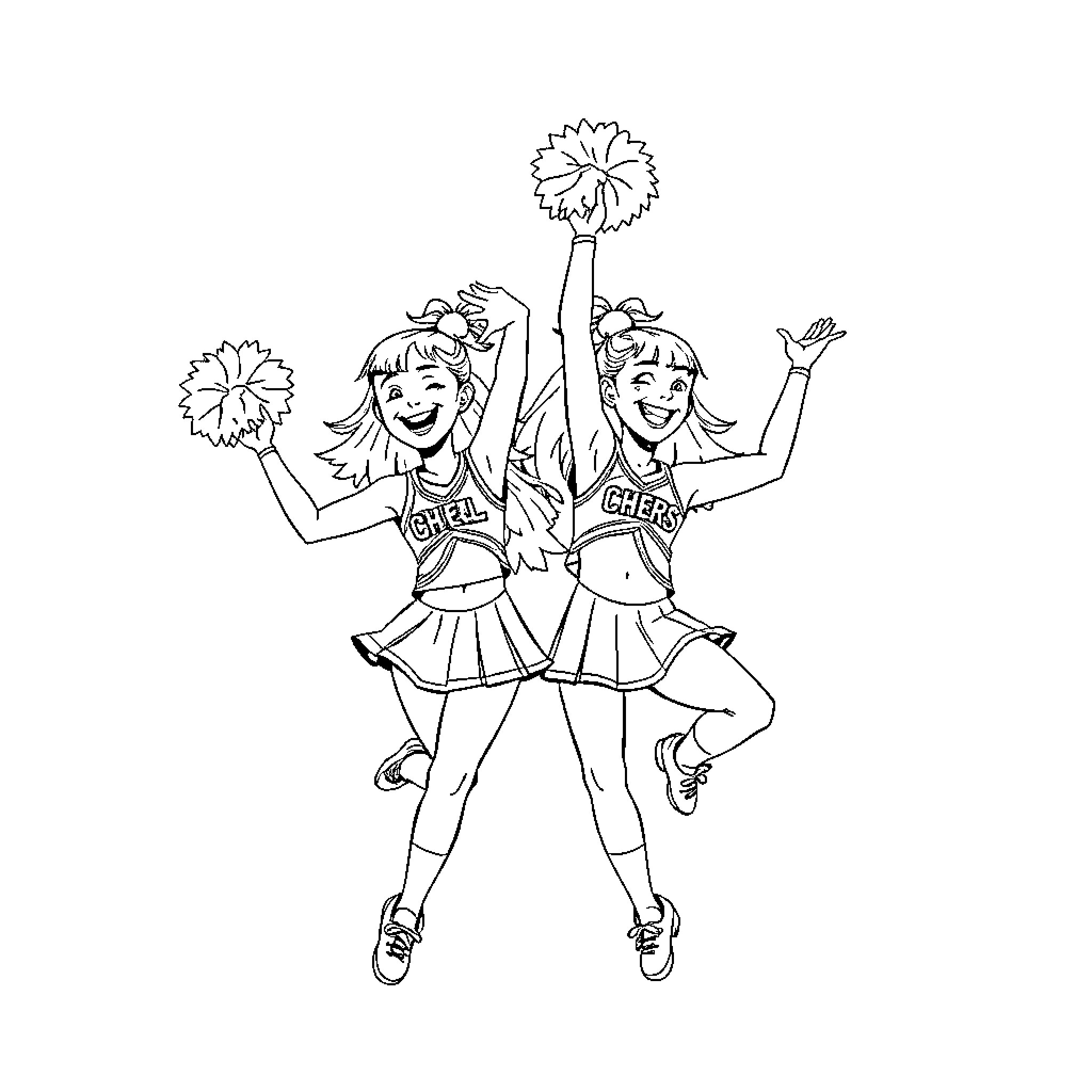 Twin cheerleaders celebrating energetically Coloring Page (free black-and-white line drawing printable PDF for all, from beginners to advanced learners, including children, teens, adults, and seniors)