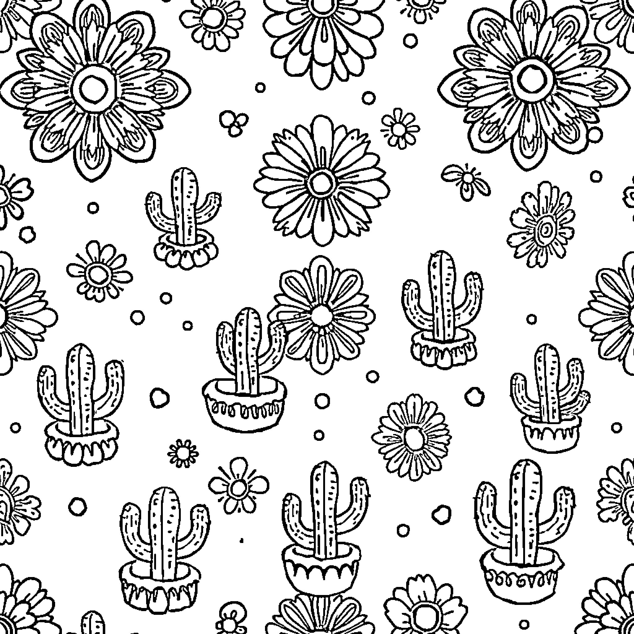Saguaro cacti and floral patterns Coloring Page (free black-and-white line drawing printable PDF for all, from beginners to advanced learners, including children, teens, adults, and seniors)