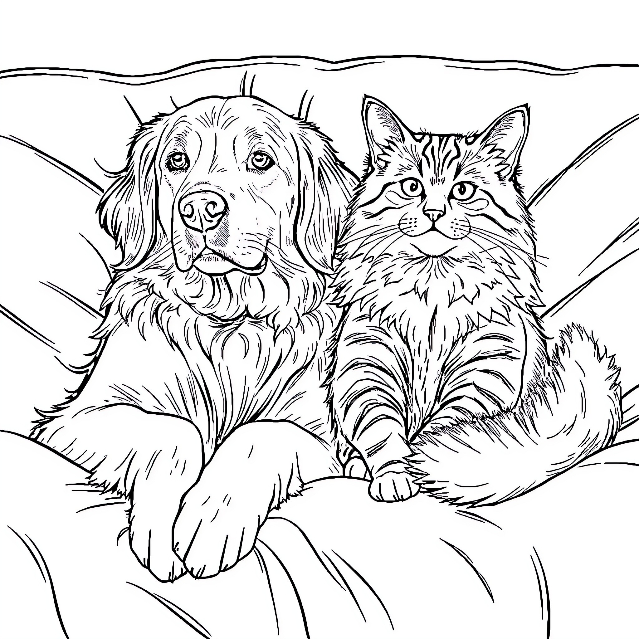 Golden Retriever and Tabby Cat Relaxing Together Coloring Page (free black-and-white line drawing printable PDF for all, from beginners to advanced learners, including children, teens, adults, and seniors)