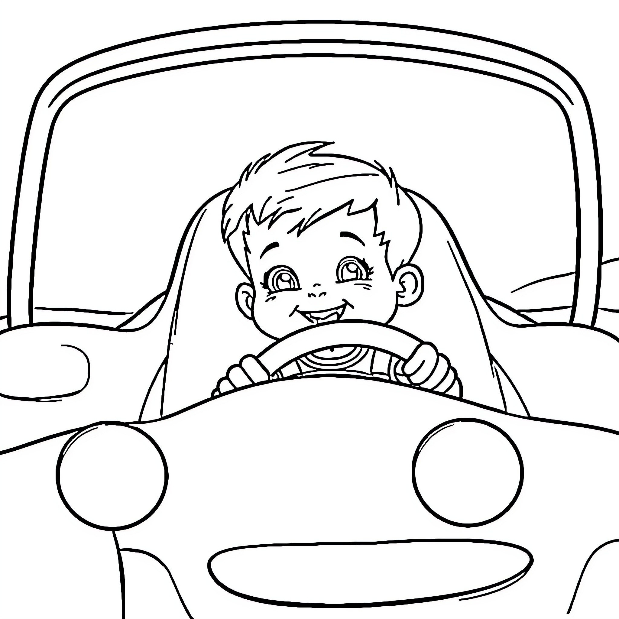 Toddler driving a toy car happily Coloring Page (free black-and-white line drawing printable PDF for all, from beginners to advanced learners, including children, teens, adults, and seniors)